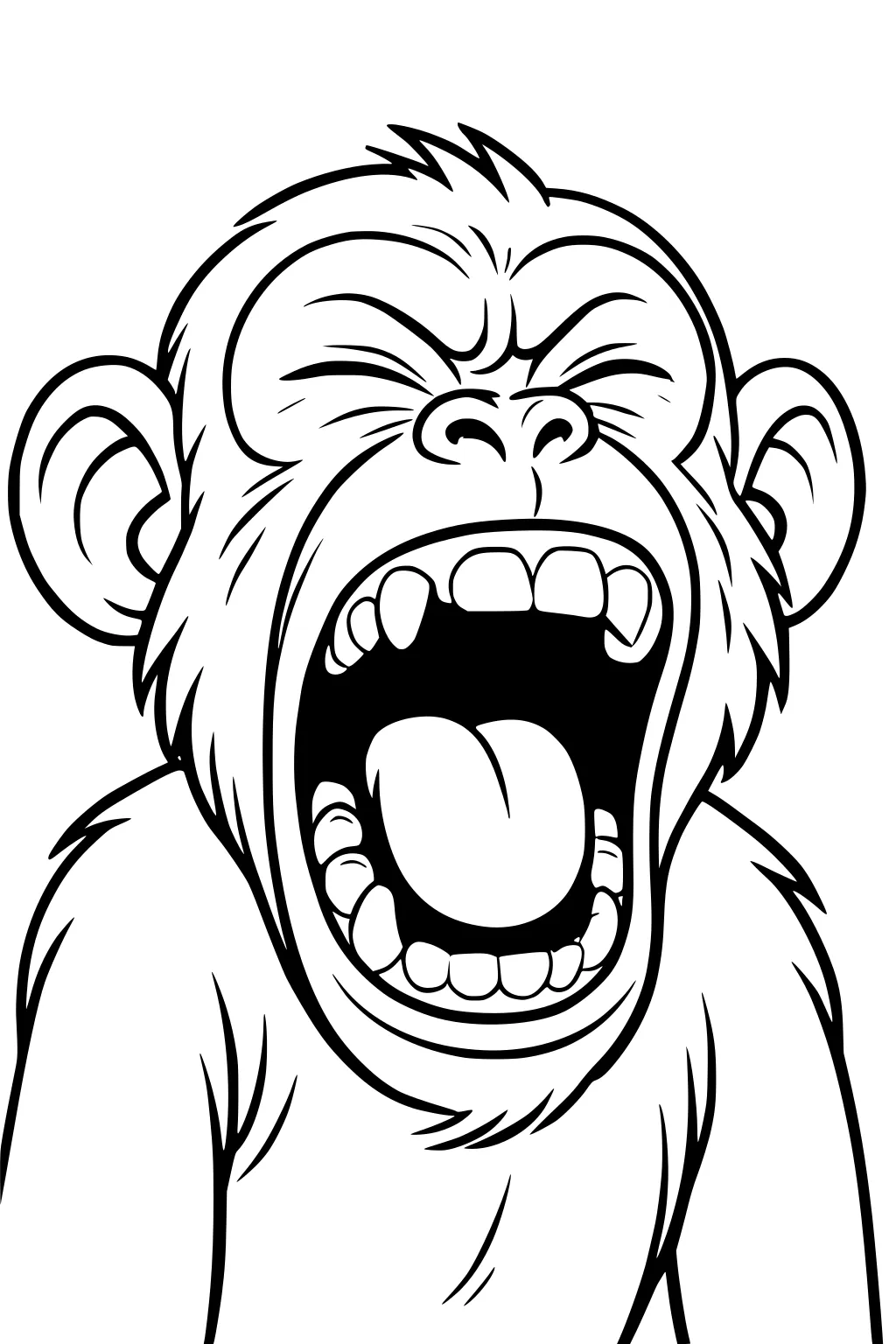 Cartoon monkey with mouth wide open, eyes shut, showing teeth and tongue, ears and fur detailed with bold lines.