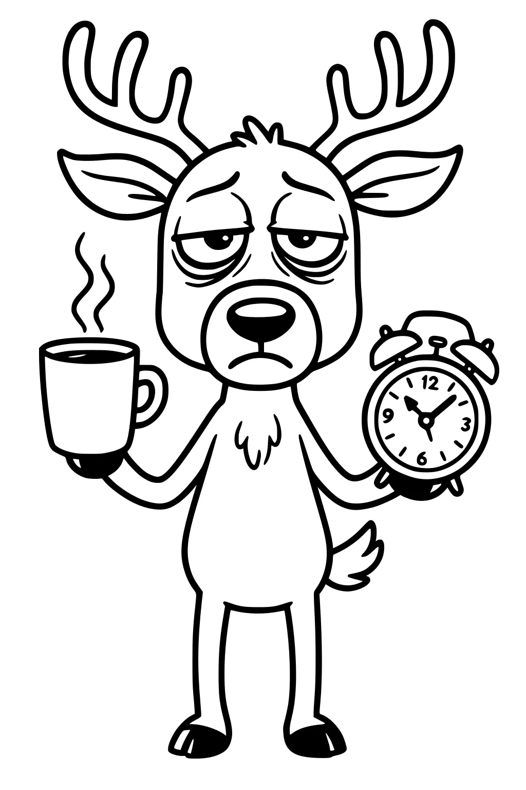 Cartoon deer with tired eyes holds a steaming cup and alarm clock, standing upright with large antlers and floppy ears.