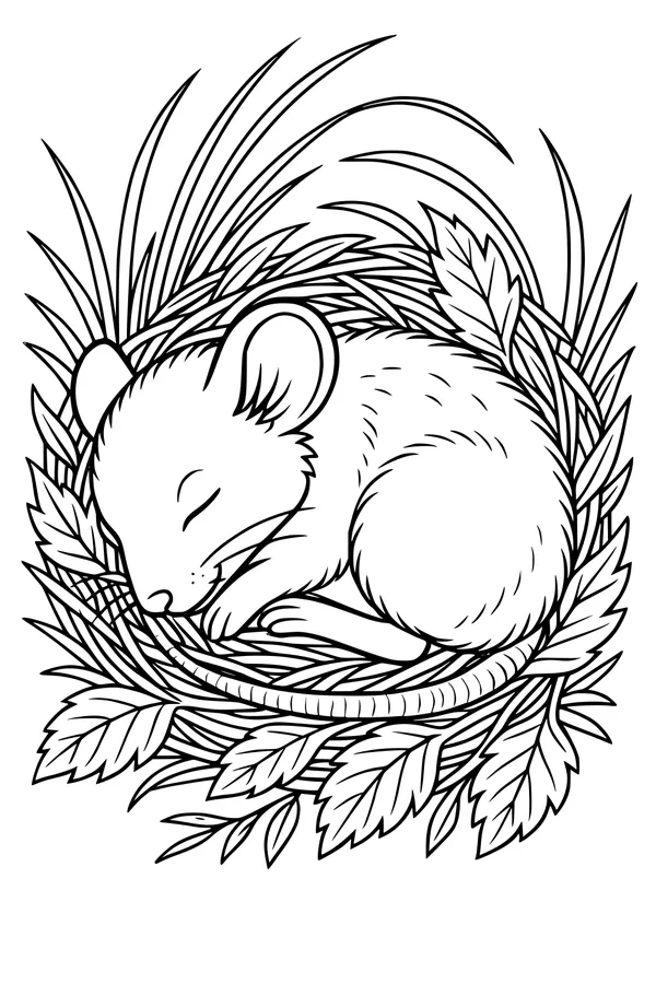 Sleepy Mouse in a Cozy Leafy Nest