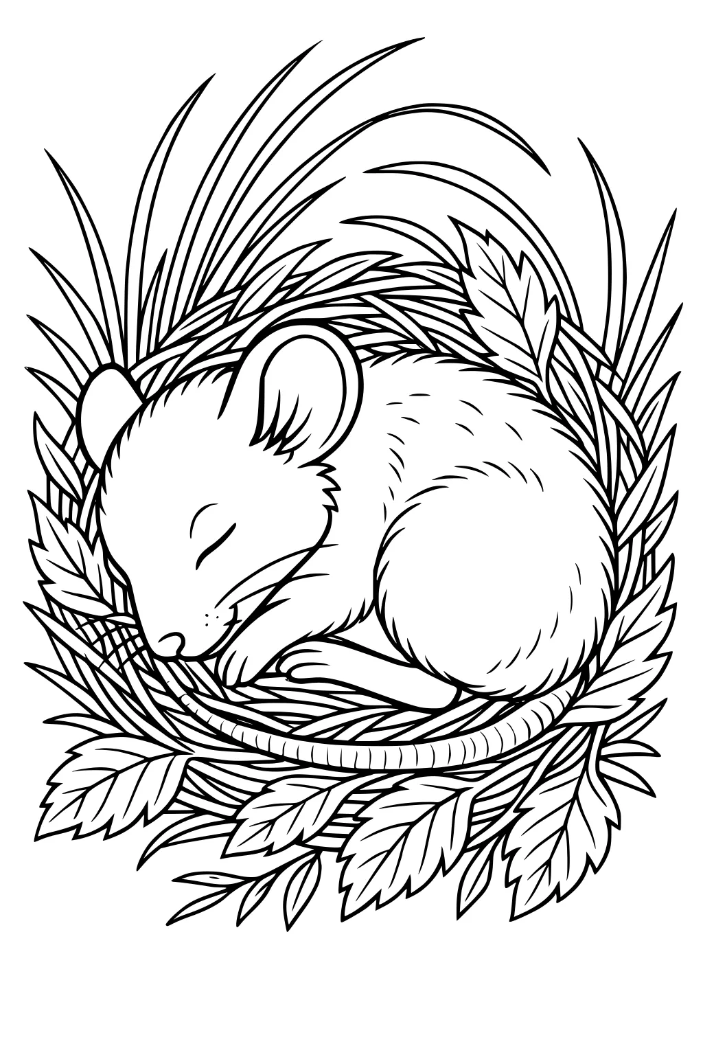 Small mouse sleeping curled up in a leafy nest with ears, tail, and grass around it.