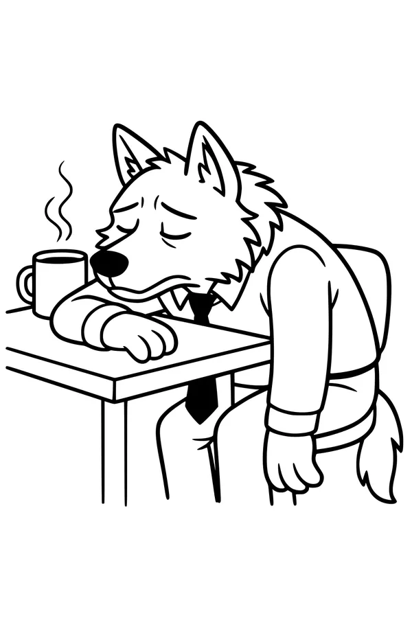 Sleepy Office Wolf Needs a Sip
