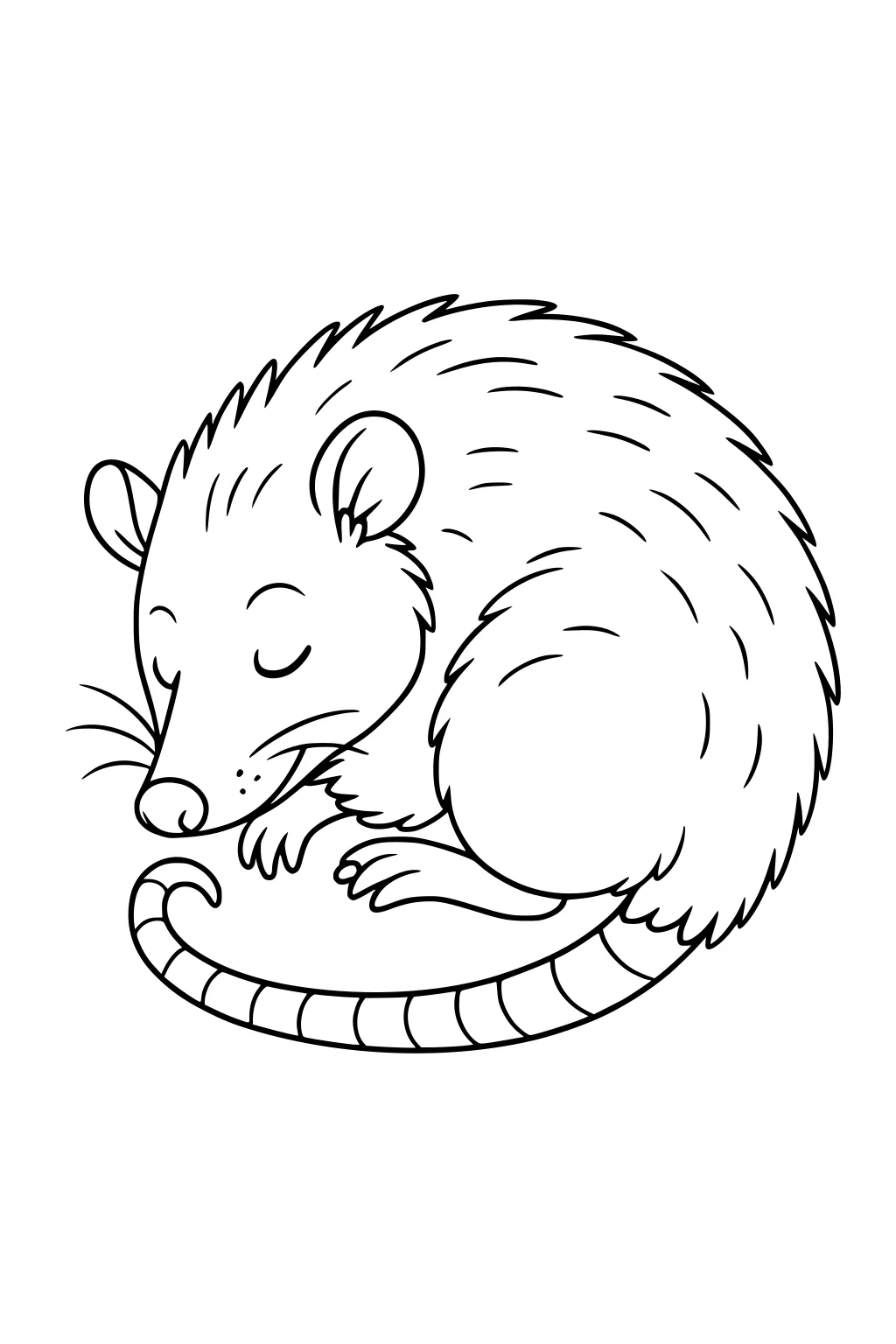 Curled sleeping opossum with bushy fur, closed eyes, rounded ears, and a striped tail wrapping near its paws.