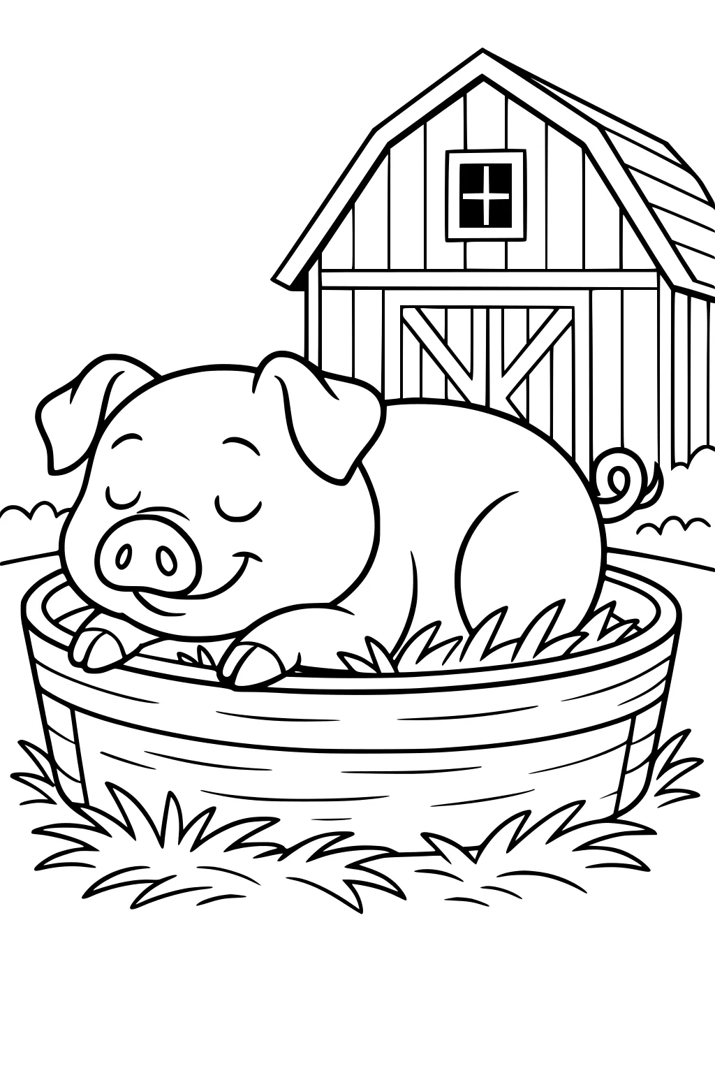 Sleeping pig in a tub of hay with a barn in the background and grass surrounding the scene.