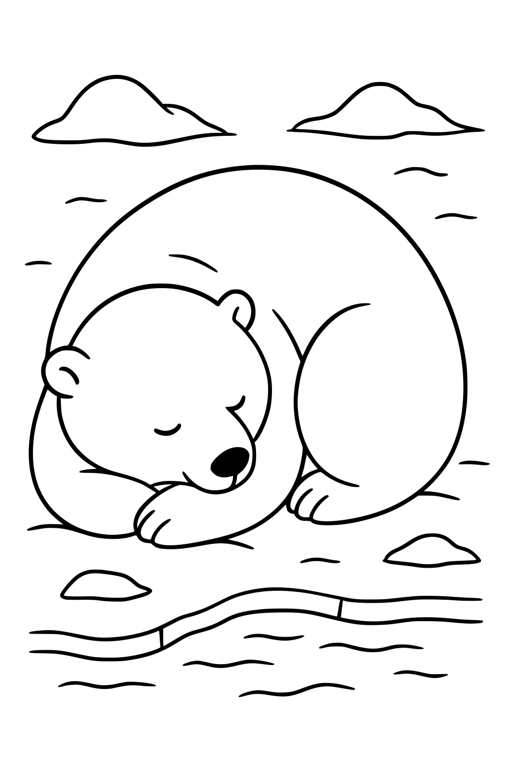 Polar bear sleeps curled up by a lake with icy water and snow patches. Hills and floating ice dot the background.