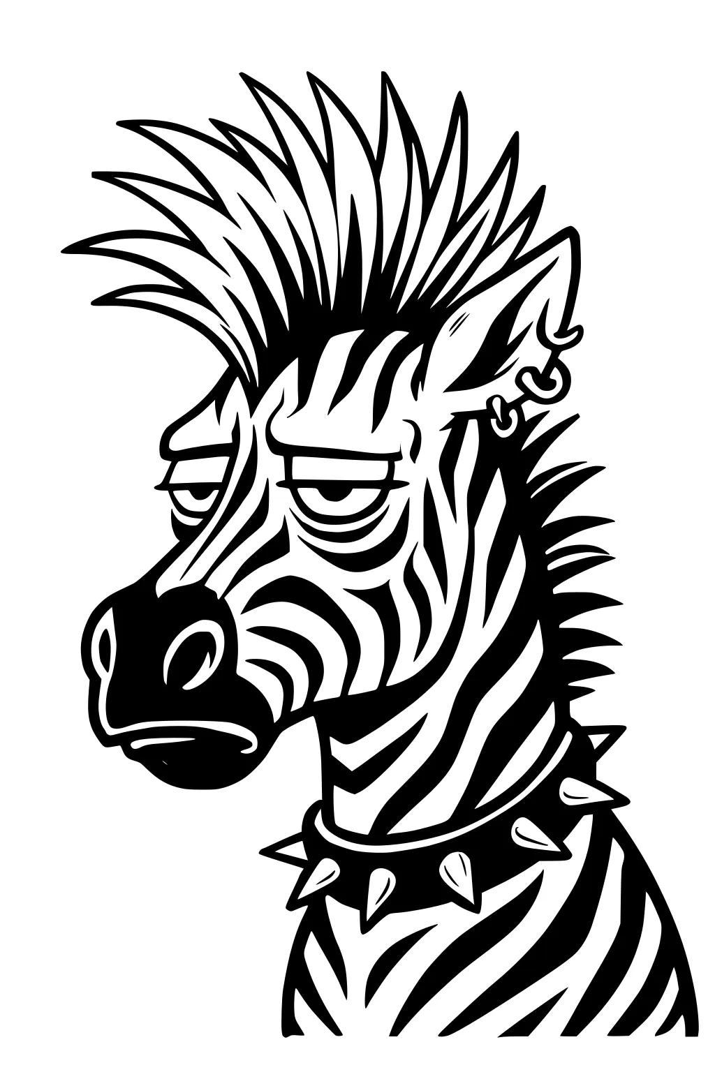 Cartoon zebra with mohawk mane, droopy eyes, ear piercings, and a spiked collar, bold stripes on a plain white background.