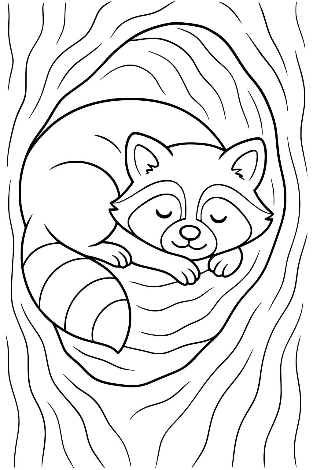 Raccoon with closed eyes sleeping curled up inside a round tree hollow with visible wood grain lines.