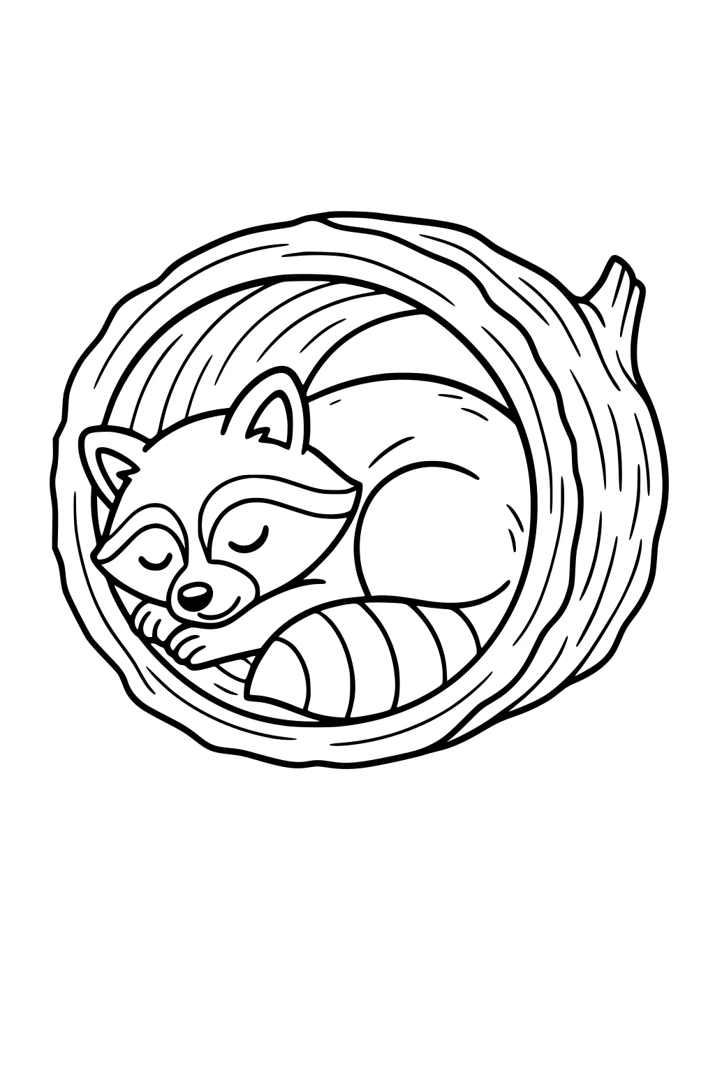 Raccoon sleeping curled inside a round tree hollow, eyes closed, paws tucked under, with visible striped tail.