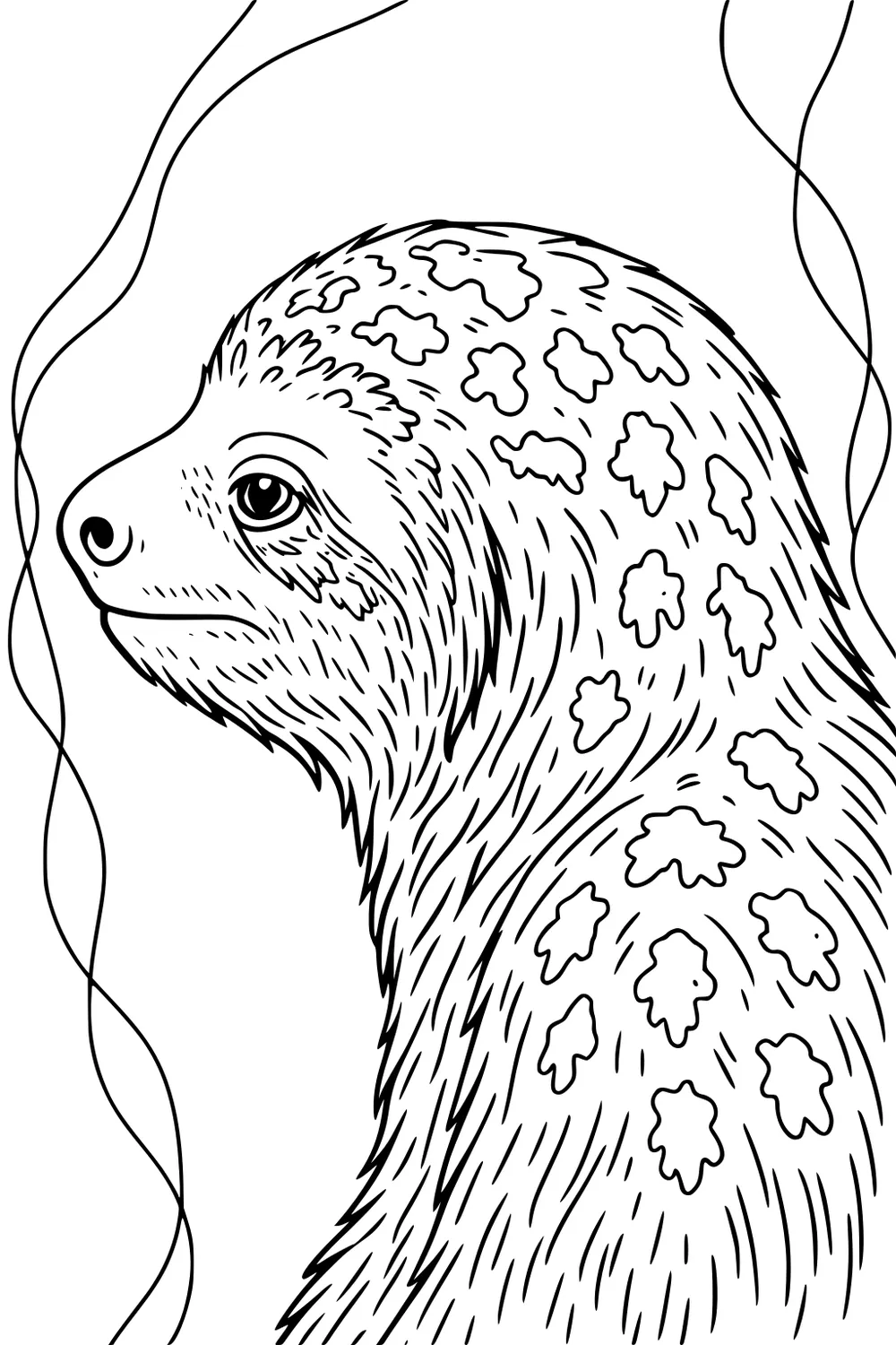 Profile of a sloth with wavy fur, patchy spots, and two looping vines around her back.