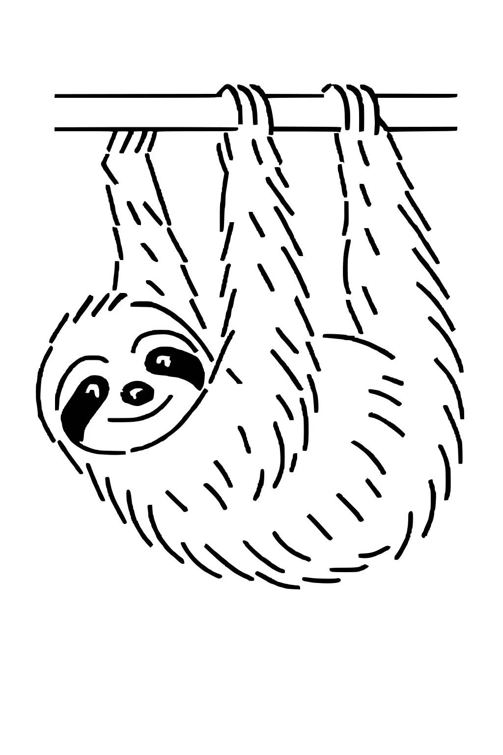 Cartoon sloth with a smiling face hanging from a branch with both arms, surrounded by simple line fur details.