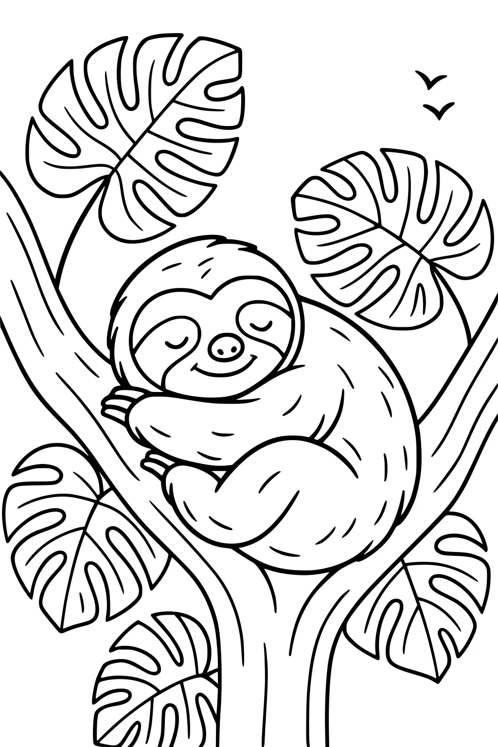 A sloth rests on a tree branch surrounded by large leafy plants, with two birds flying above.