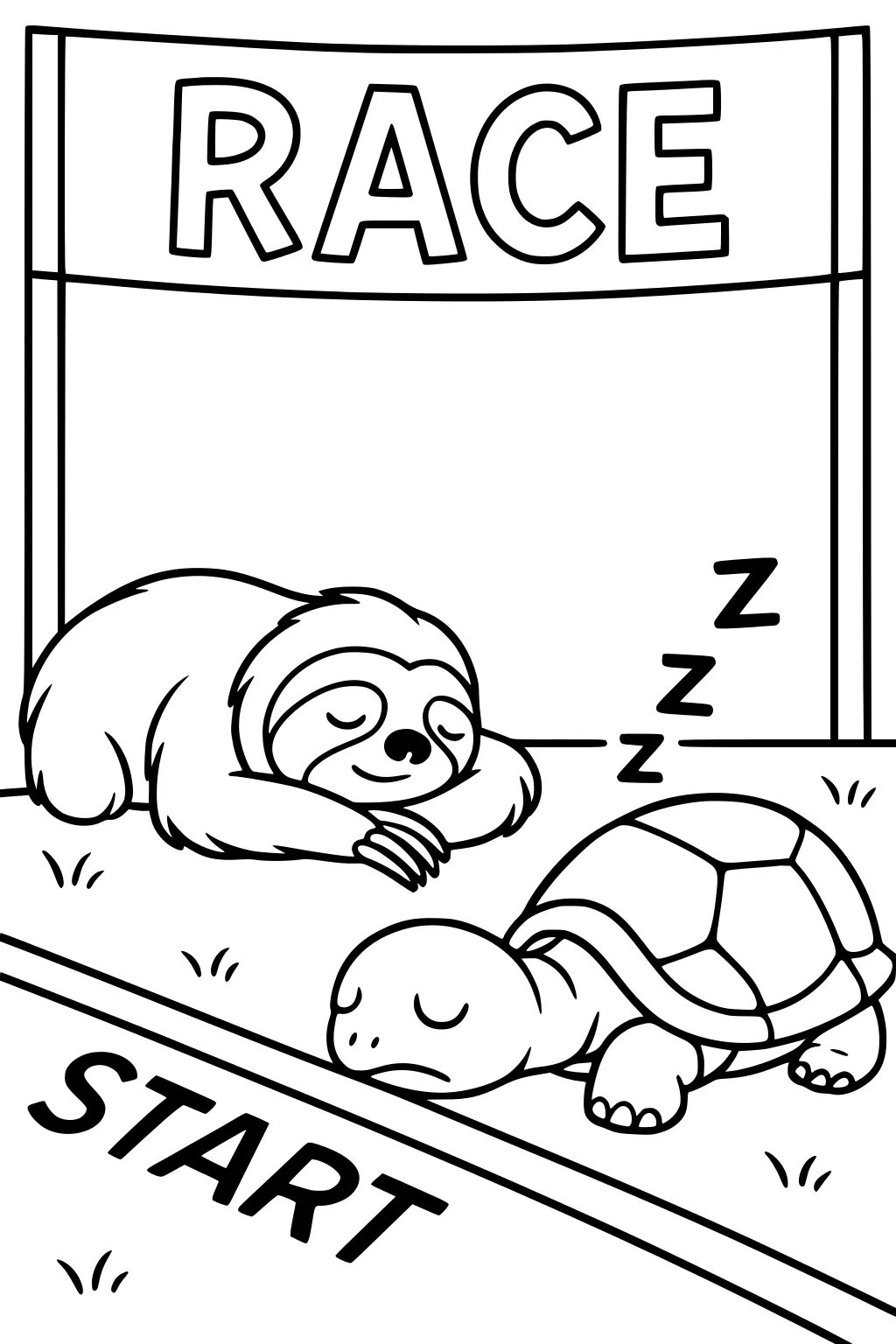 Sloth and turtle sleeping side by side at race start line under a race banner, with grass and large letters.