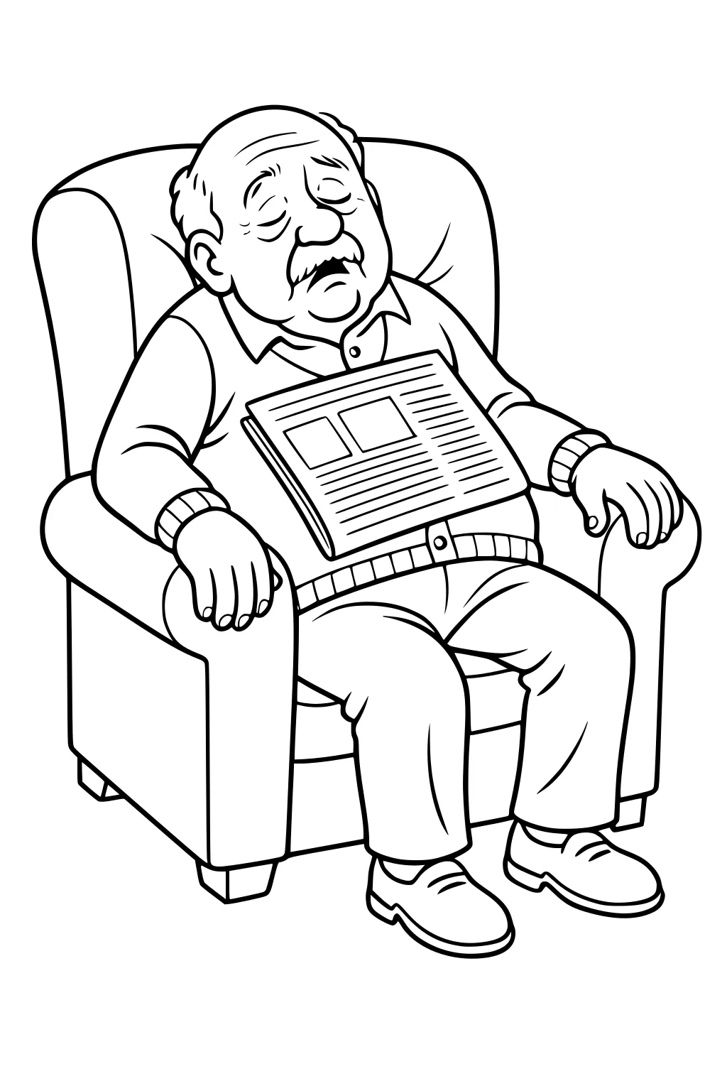 Grandpa asleep in an armchair, newspaper on his chest, sweater and loafers, eyes closed, resting after a big Thanksgiving meal.