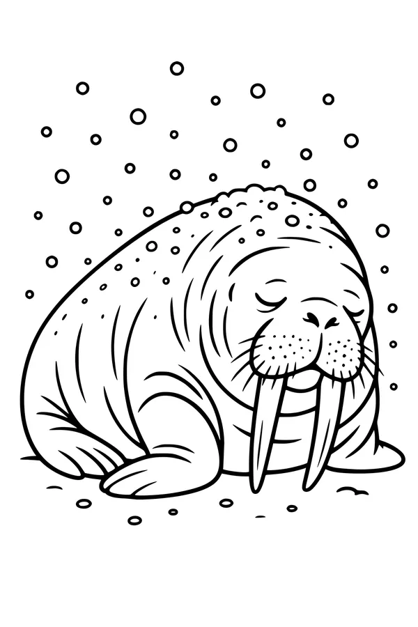 Sleepy Walrus Under Falling Snowflakes