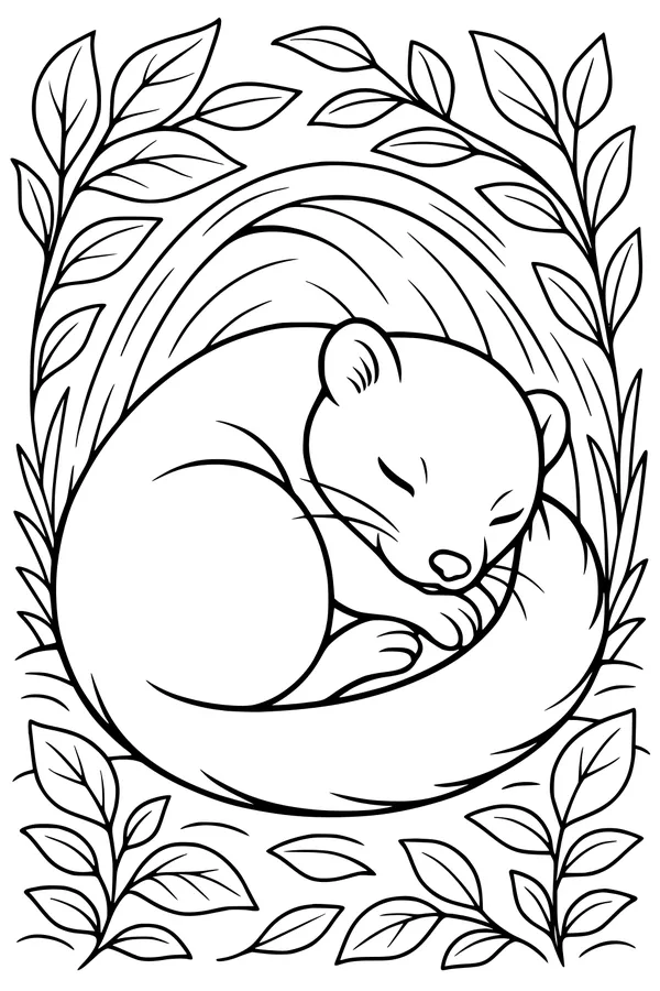 Sleepy Weasel in a Leafy Nest