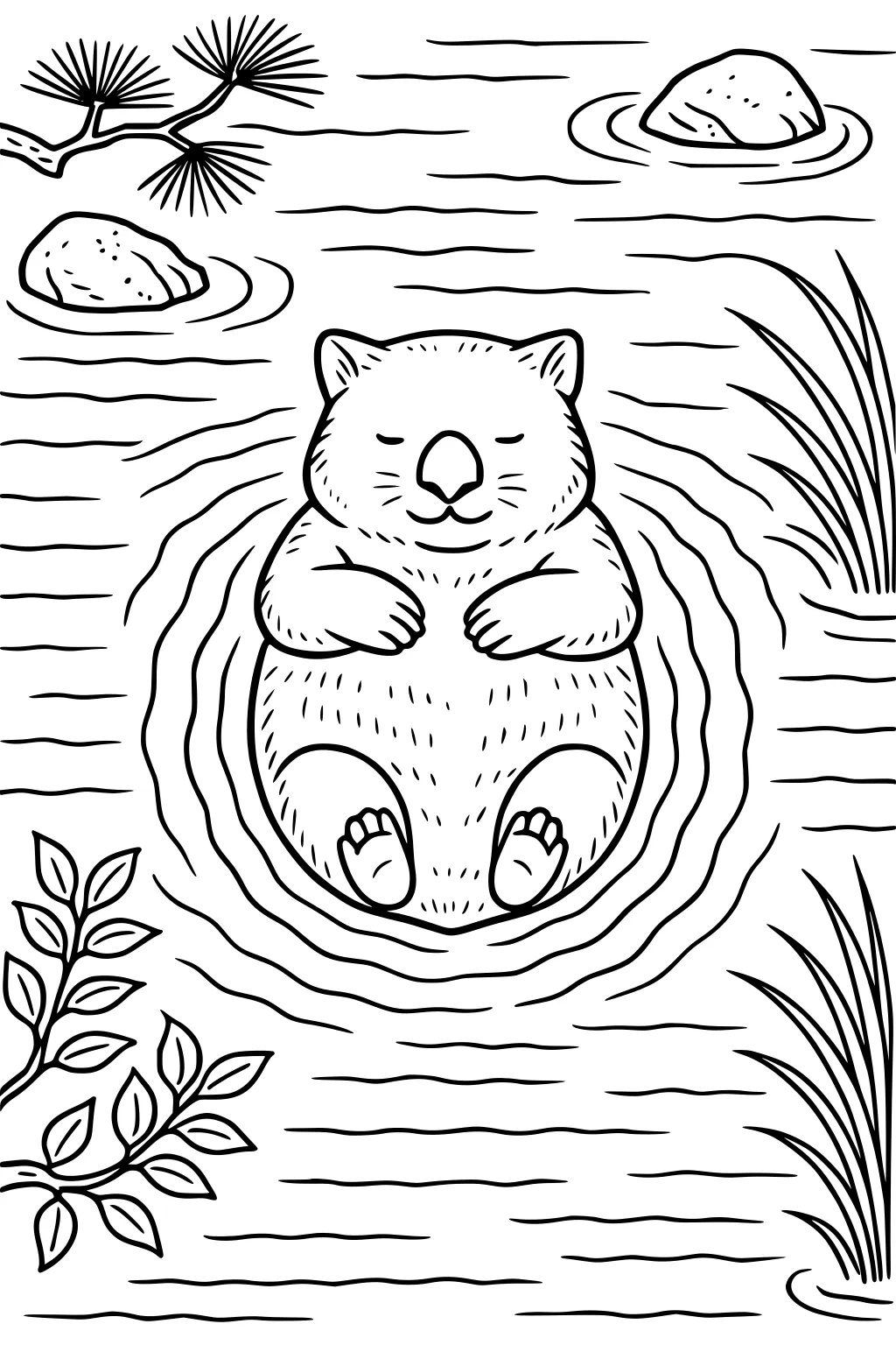 Smiling wombat floats on his back in calm water, eyes closed, with ripples, rocks, leafy branches, and tall reeds around him.