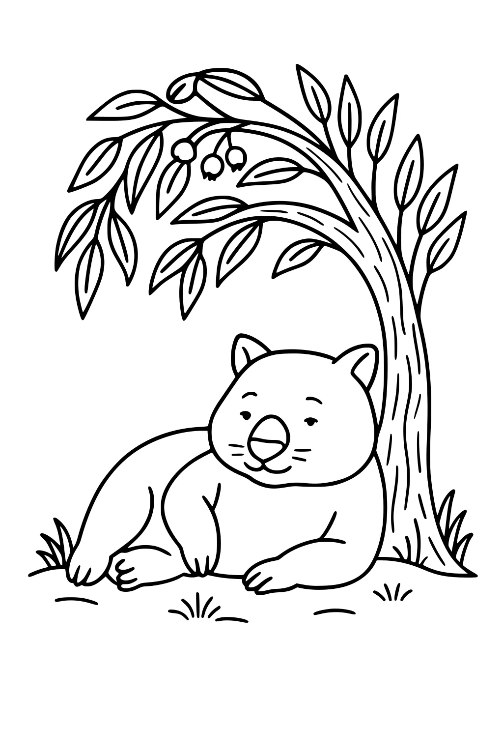 Cartoon wombat lying under a curved tree with drooping leaves and berries, with small grass tufts on the ground.