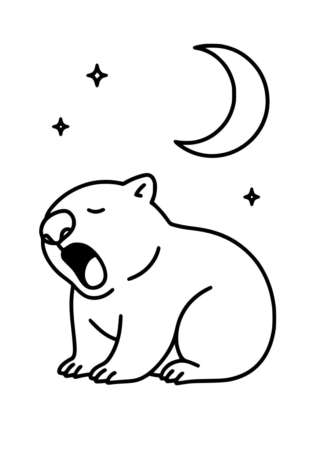 Yawning wombat under a crescent moon with three stars, in bold black outlines and wide spaces for easy coloring.