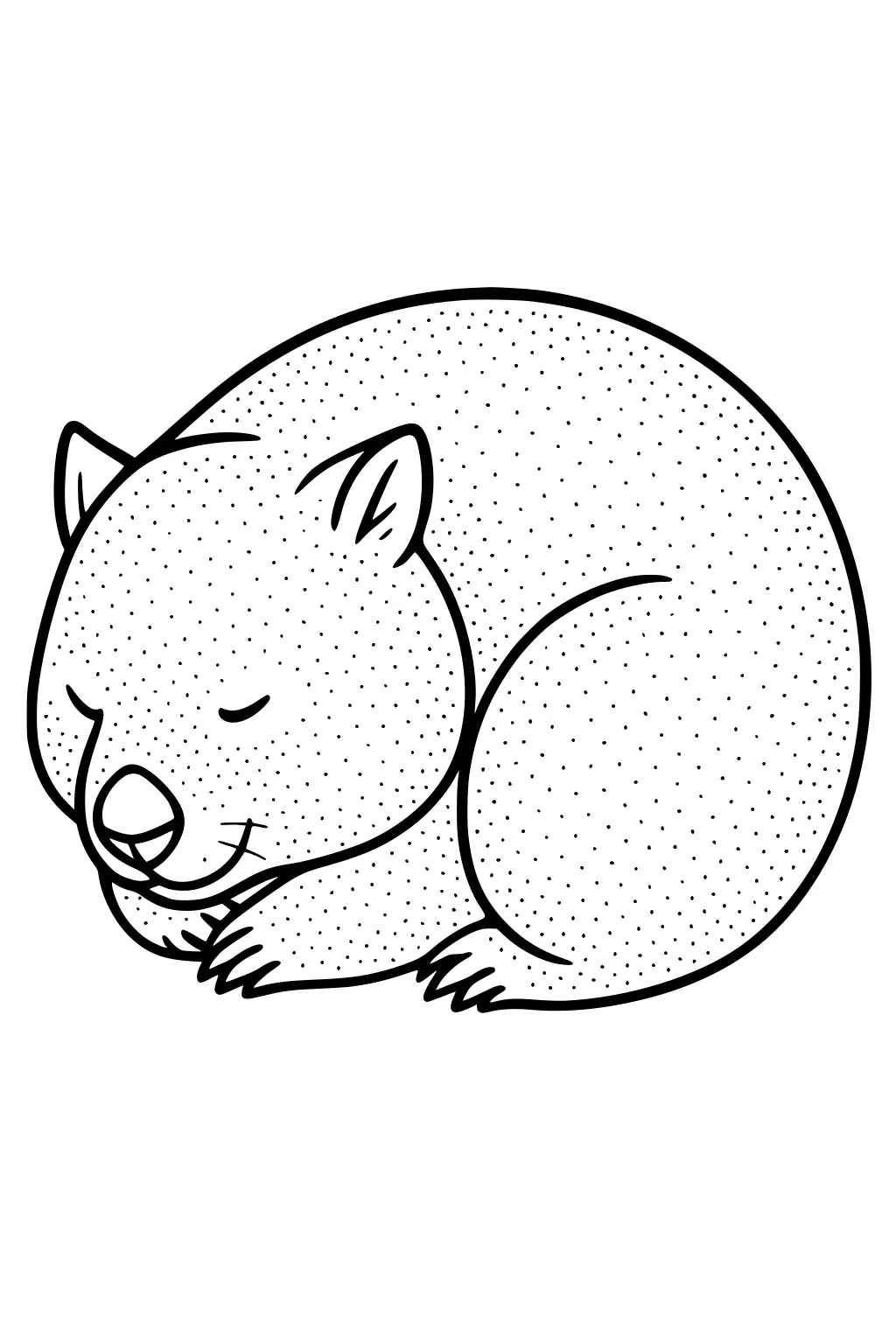 Sleeping wombat curled in a ball, eyes closed, small ears, dotted fur, paws tucked with short claws, simple bold outline.