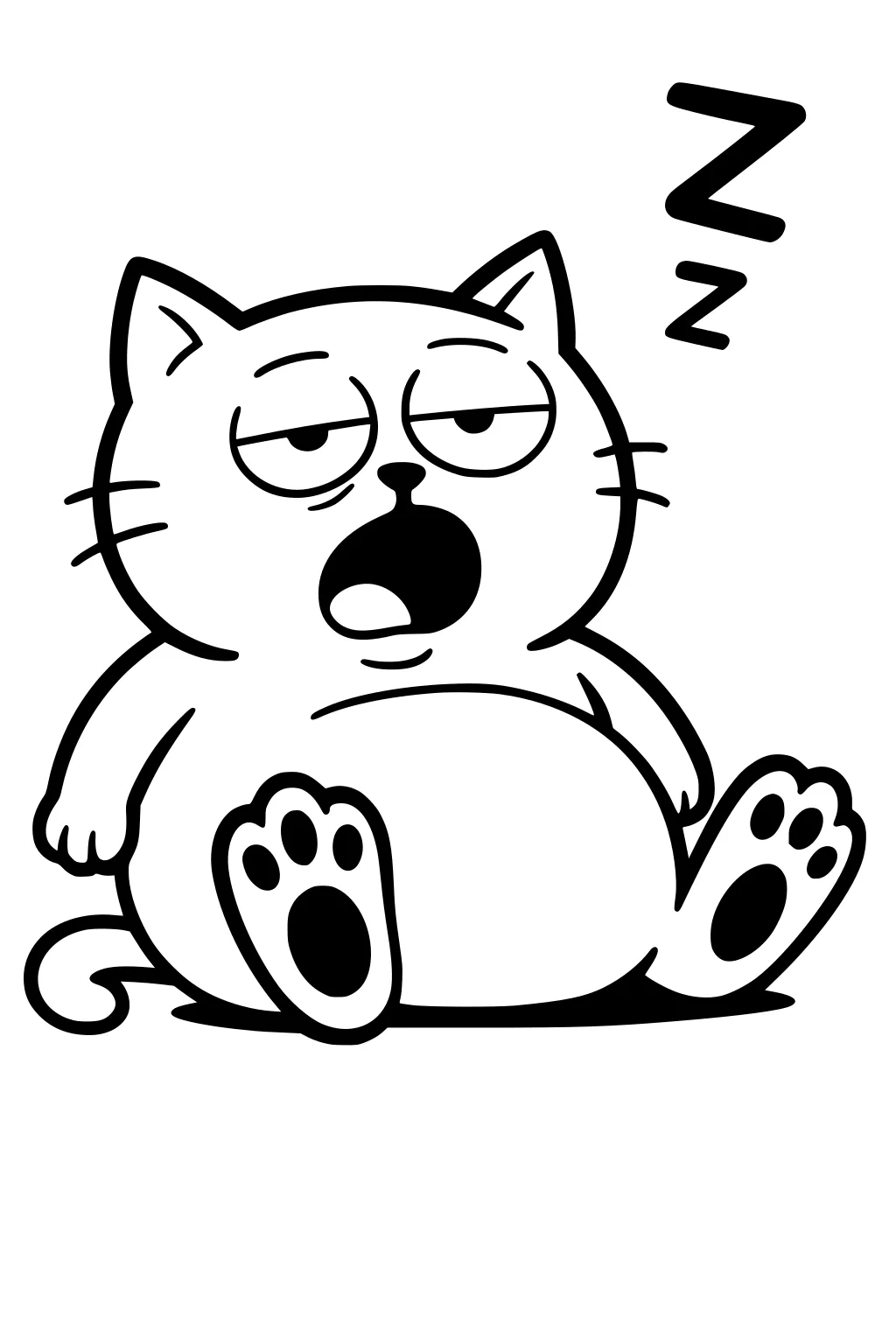 Plump cartoon cat yawning with eyes half closed, paws up, sitting and a Z above its head showing it is sleepy.