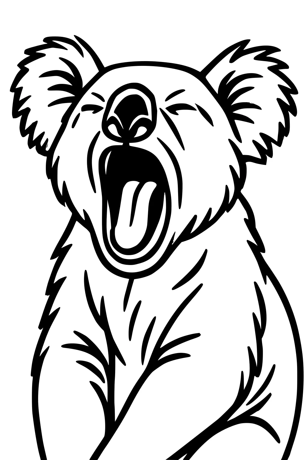 Yawning koala sitting upright with open mouth, fluffy fur, and large fuzzy ears. Simple cartoon line art.