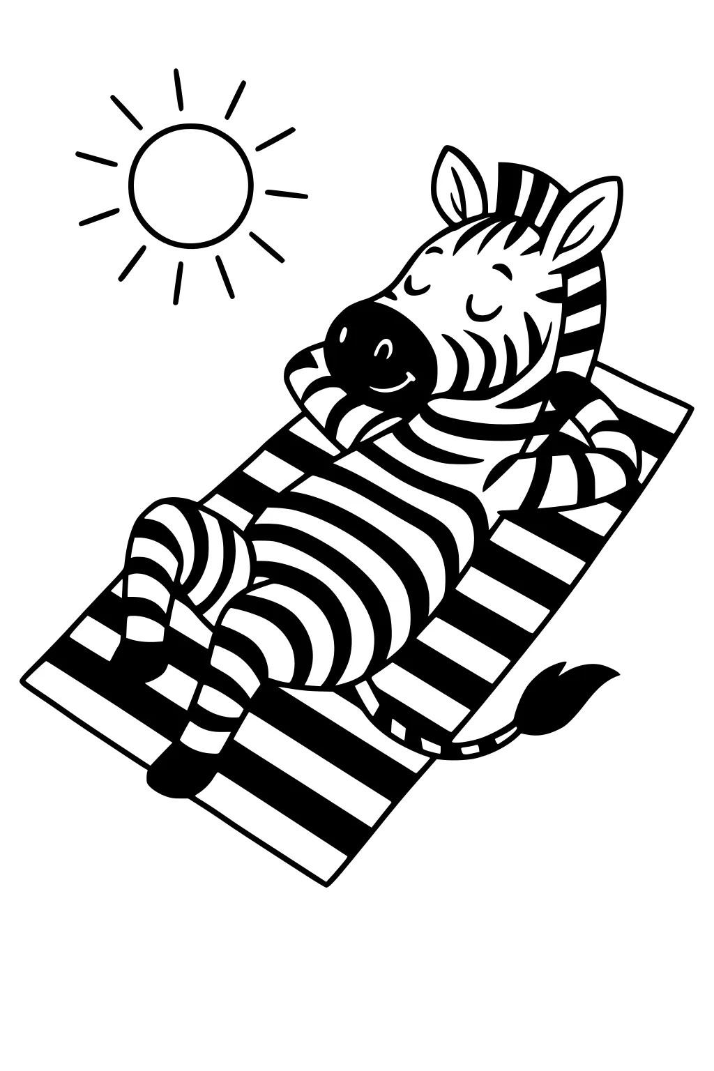 Cartoon zebra relaxing on a striped mat with eyes closed, smiling under a simple sun; bold black outlines and open background space.