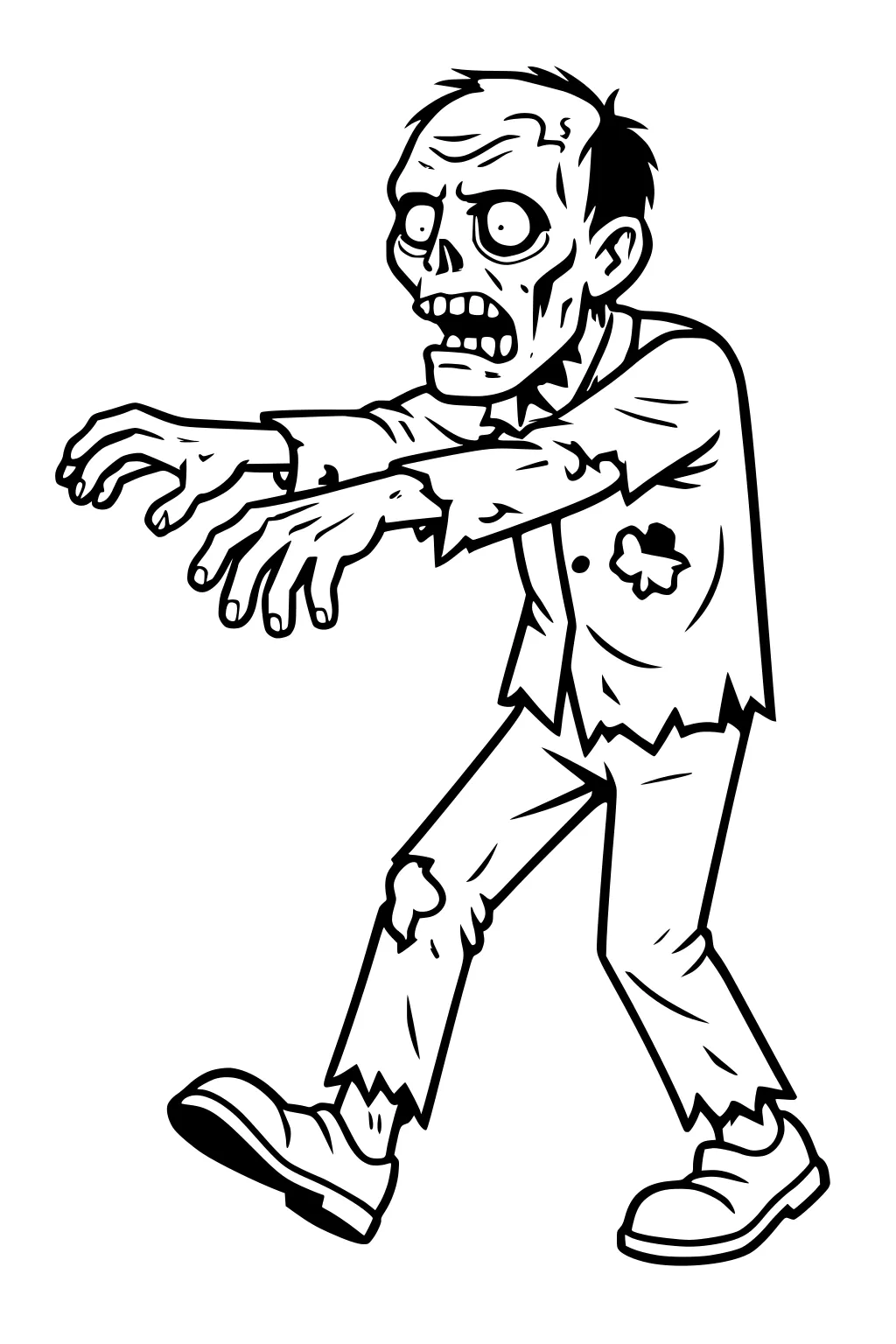 Cartoon zombie boy with arms out, torn clothes, messy hair, open mouth, big shoes, walking in a classic Halloween pose.