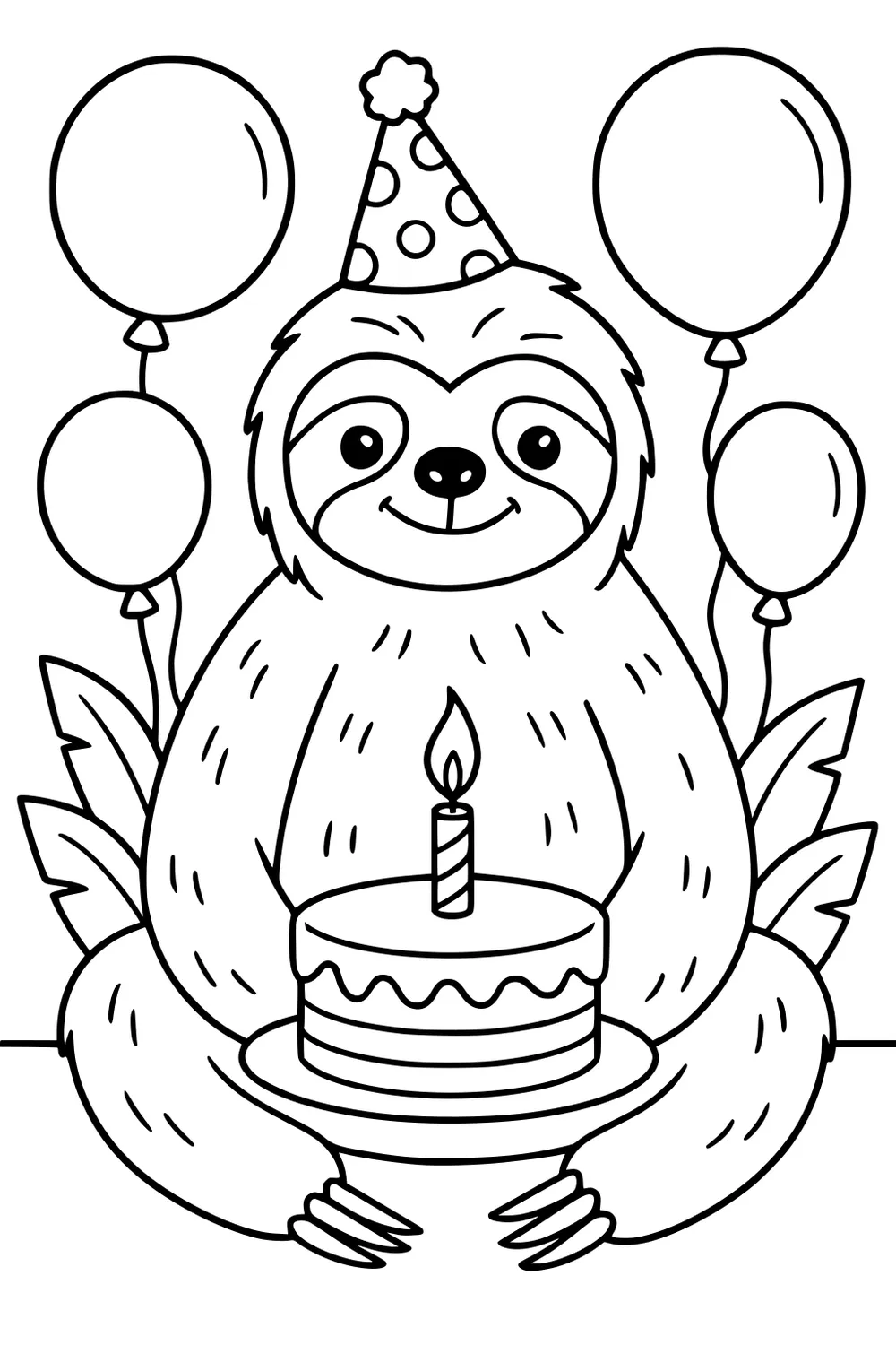 Smiling sloth in party hat holding birthday cake with candle, surrounded by four balloons and leafy plants.