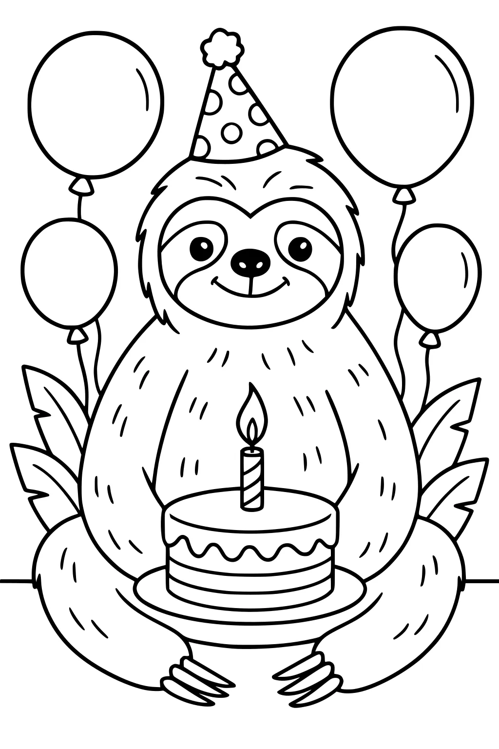 Smiling sloth in party hat holding birthday cake with candle, surrounded by four balloons and leafy plants.