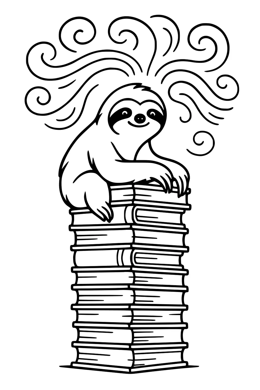 A relaxed sloth lies atop a tall stack of books. Swirly lines fill the air above its smiling face.