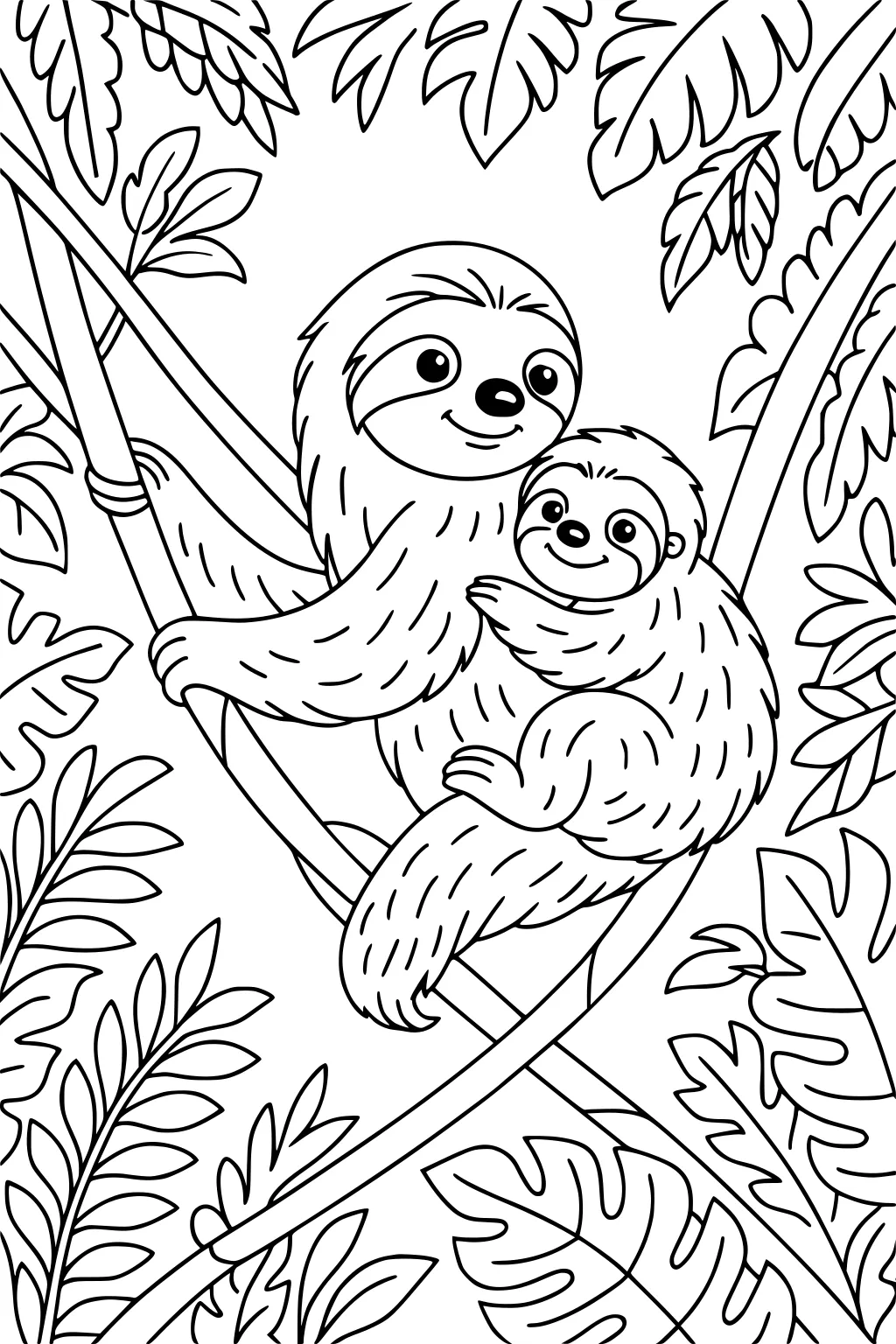 Mother sloth and baby sloth hanging from a tree branch, surrounded by large leaves and vines.