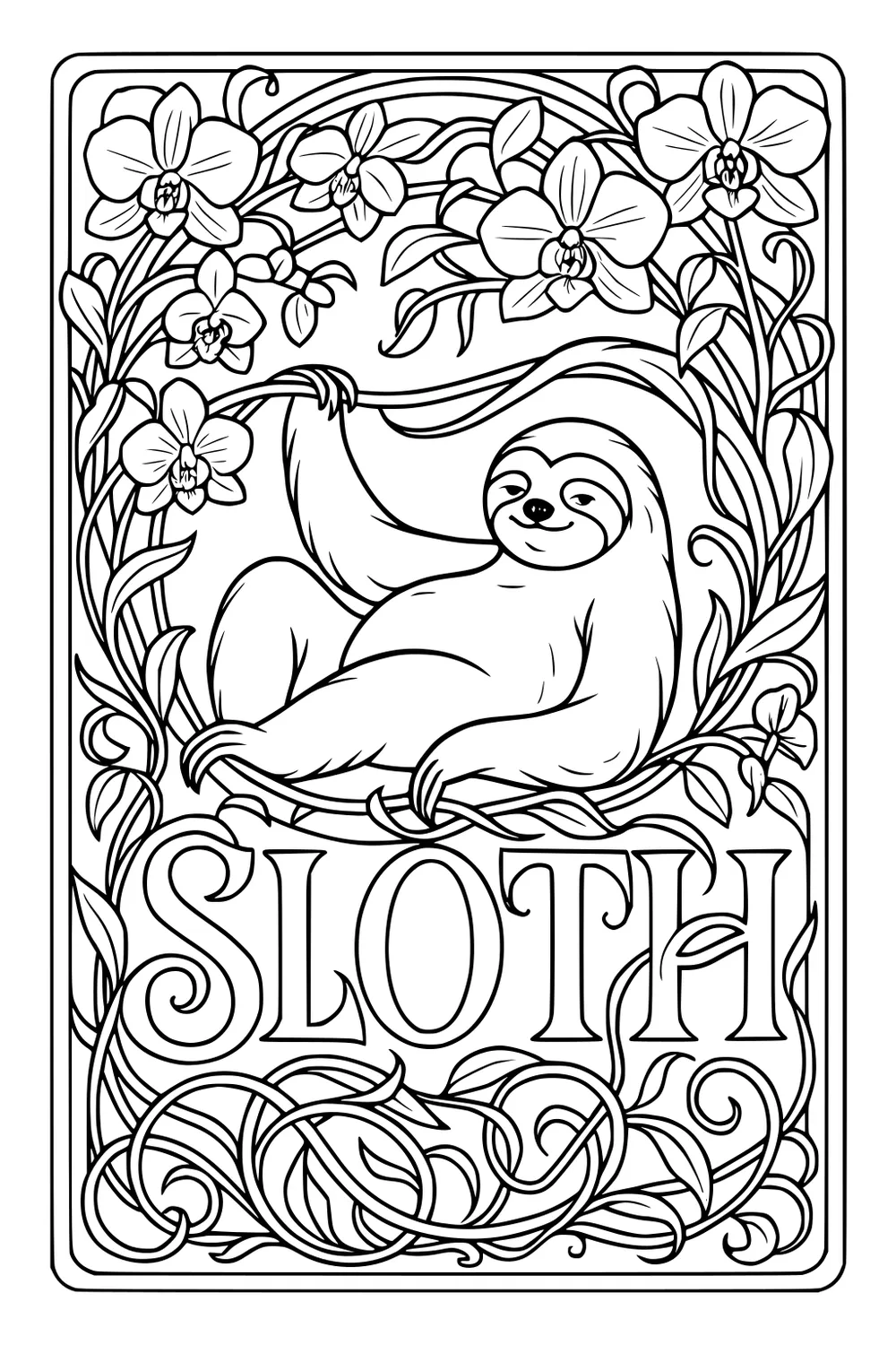 A sloth hanging from a vine surrounded by orchids and thick leafy vines, with the word Sloth written below.