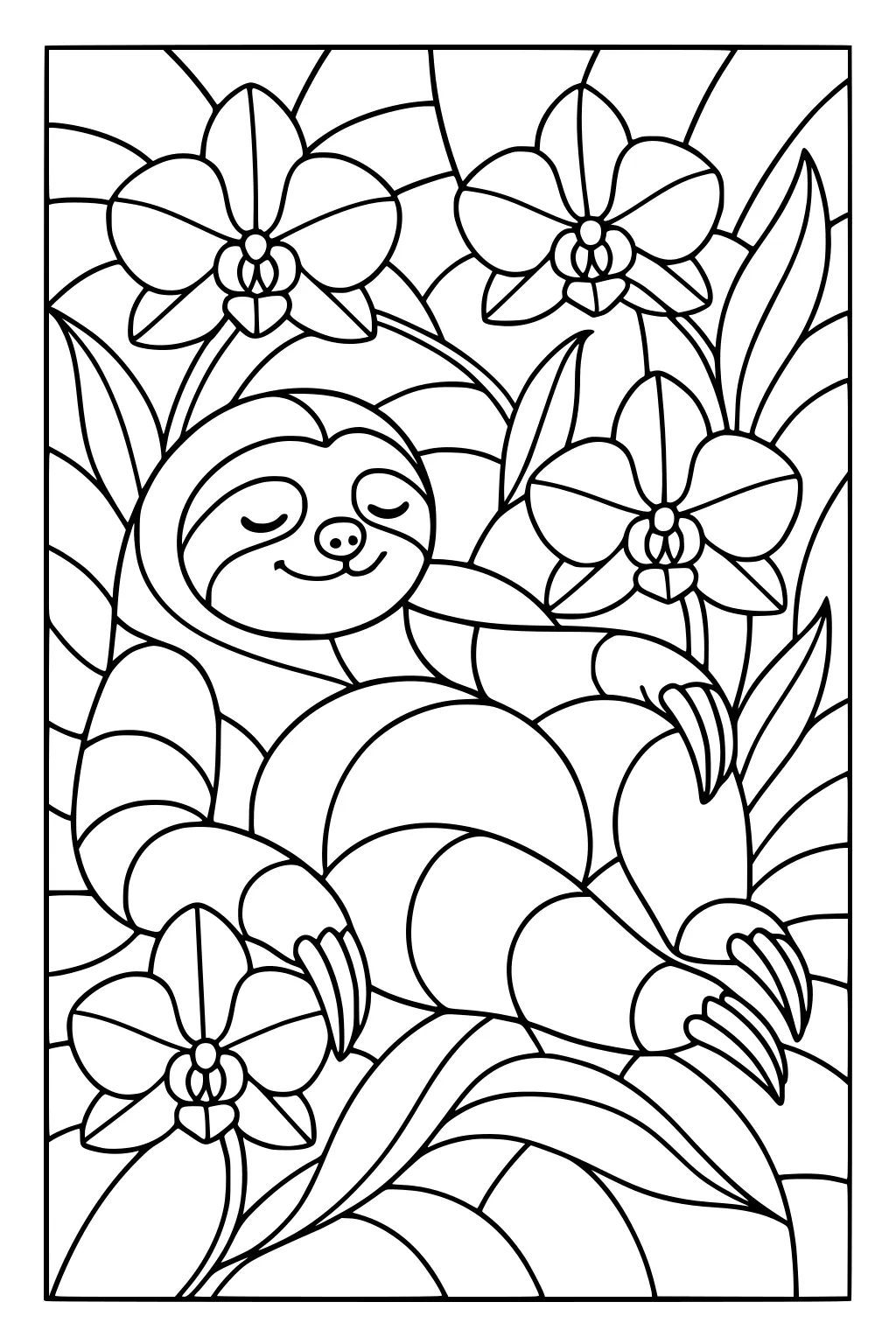 A sloth with a big smile lies on its back surrounded by large leaves and four large blooming flowers.