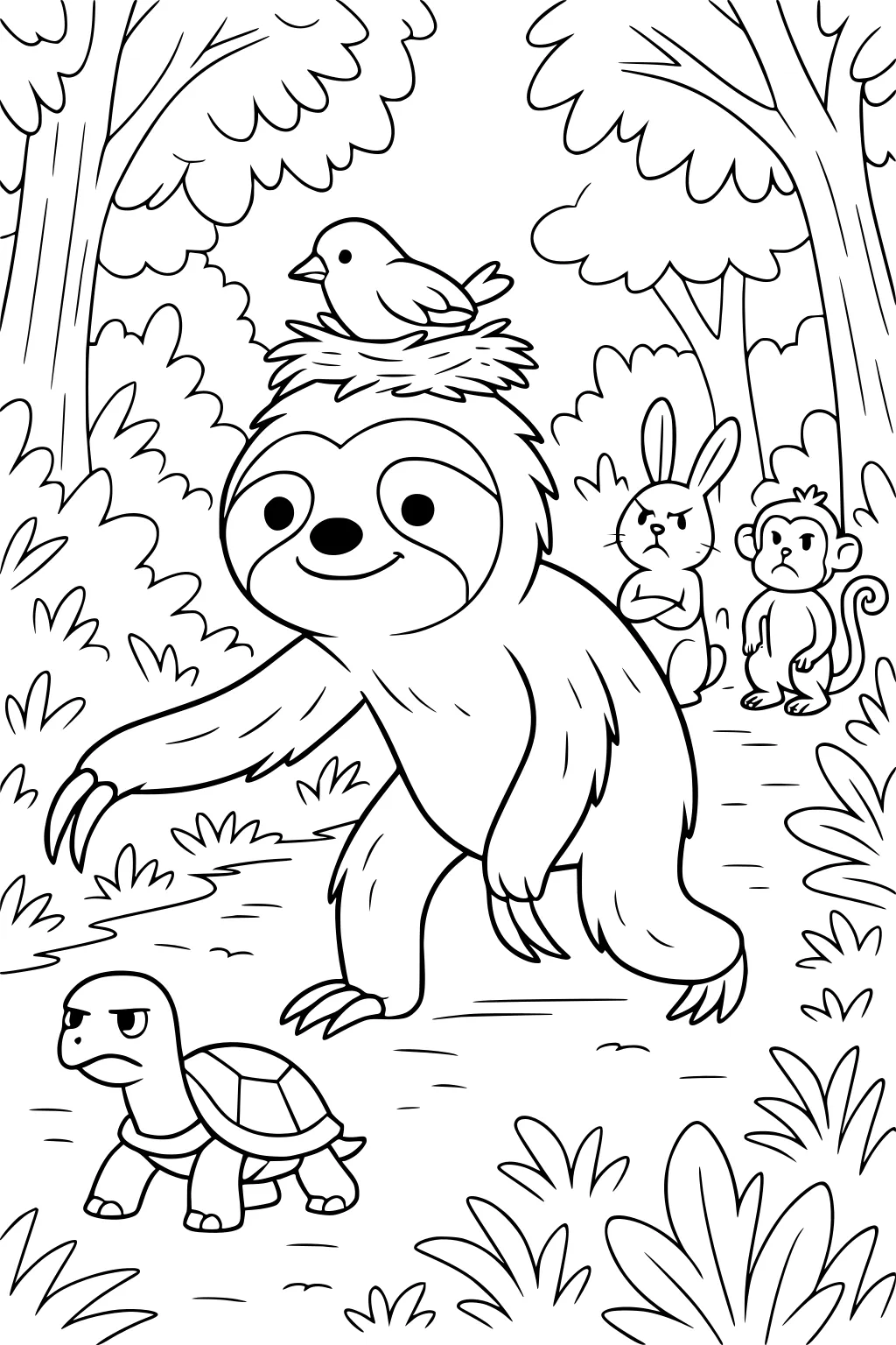 A sloth walks through a forest with a bird's nest on its head, followed by a turtle, grumpy bunny, and monkey.
