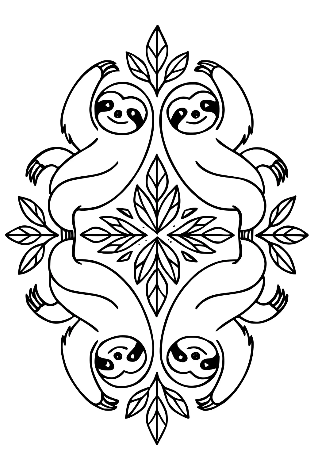 Four sloths hanging in a circular pattern among leafy branches, each with a smiling face and arms curved overhead.
