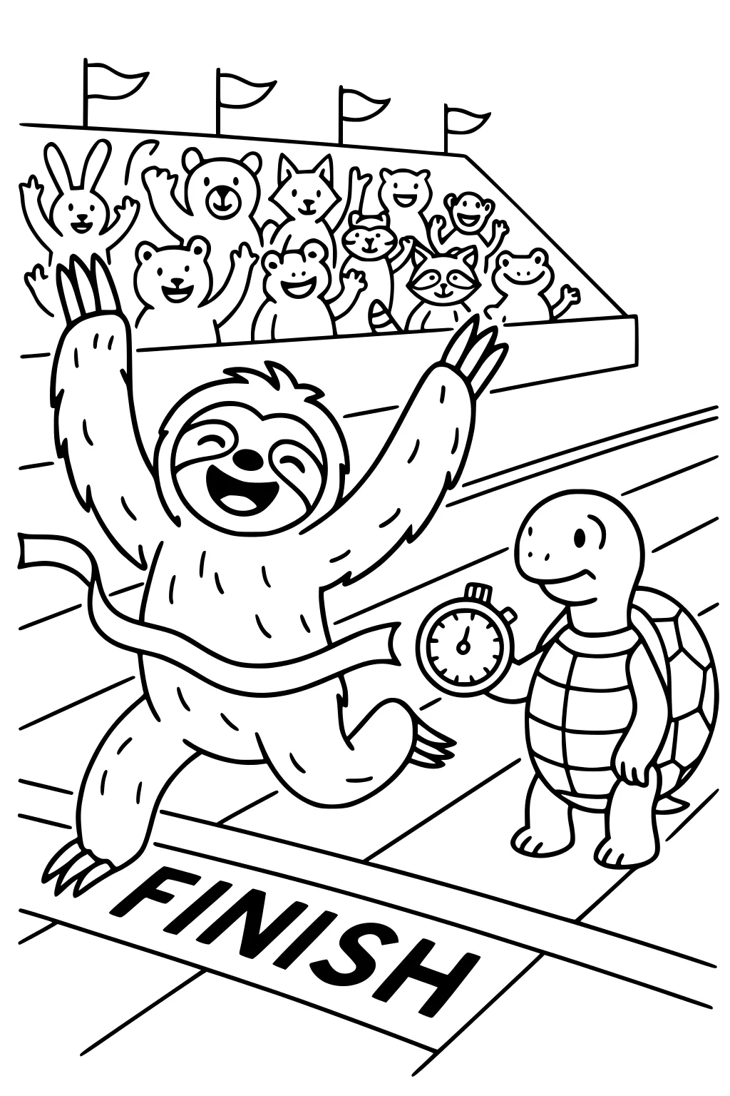 Sloth crossing finish line with arms up, turtle holding stopwatch, cheering animals and flags in background.