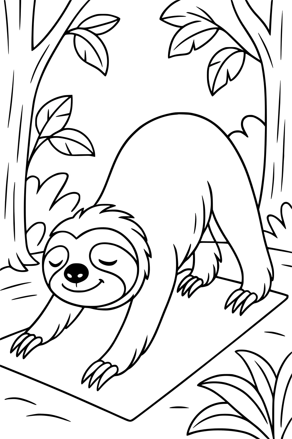 Sloth doing a stretch on a mat under trees in the forest with plants around him, eyes closed and smiling.