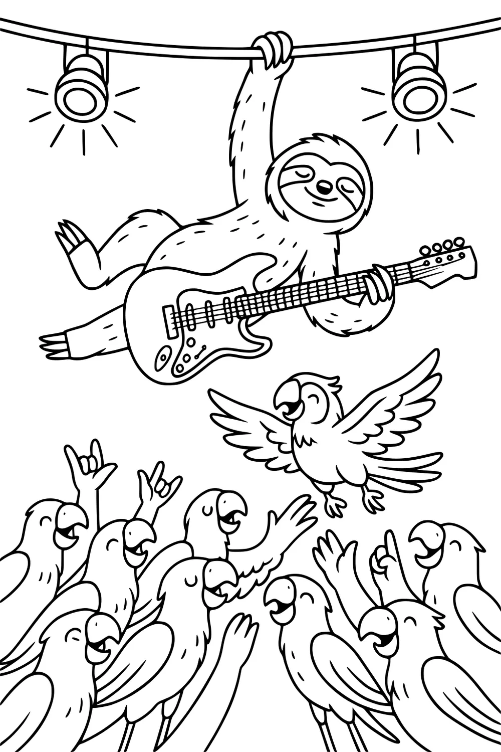 Sloth hanging from beam playing electric guitar on stage, with excited parrots cheering and one parrot flying.