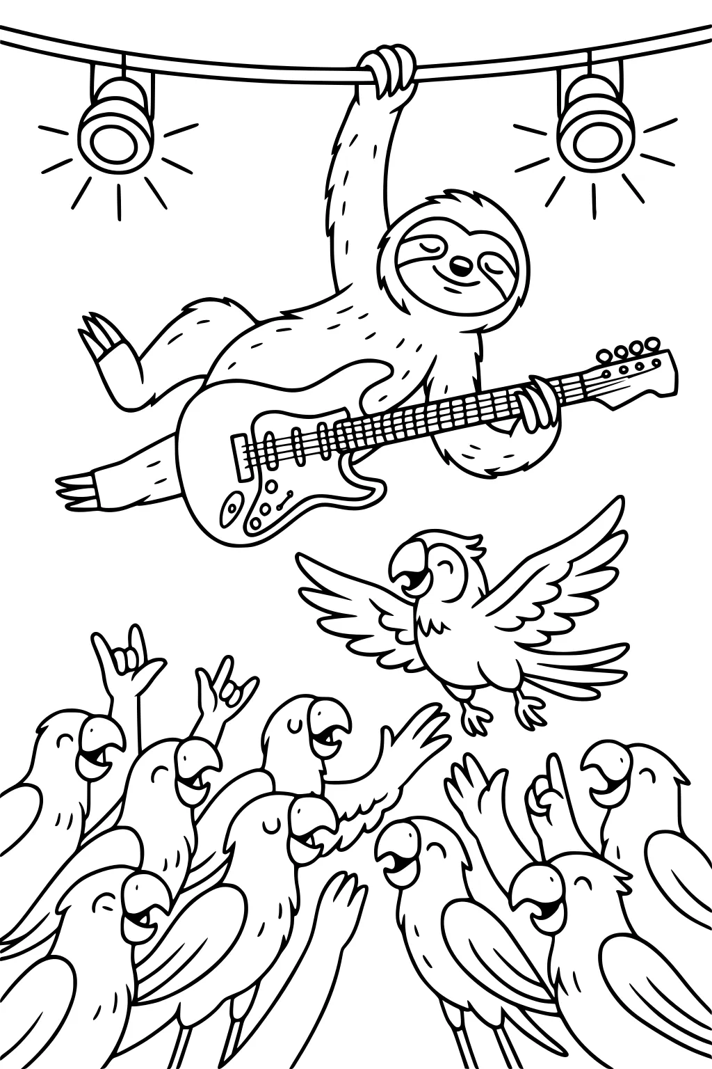 Sloth hanging from beam playing electric guitar on stage, with excited parrots cheering and one parrot flying.