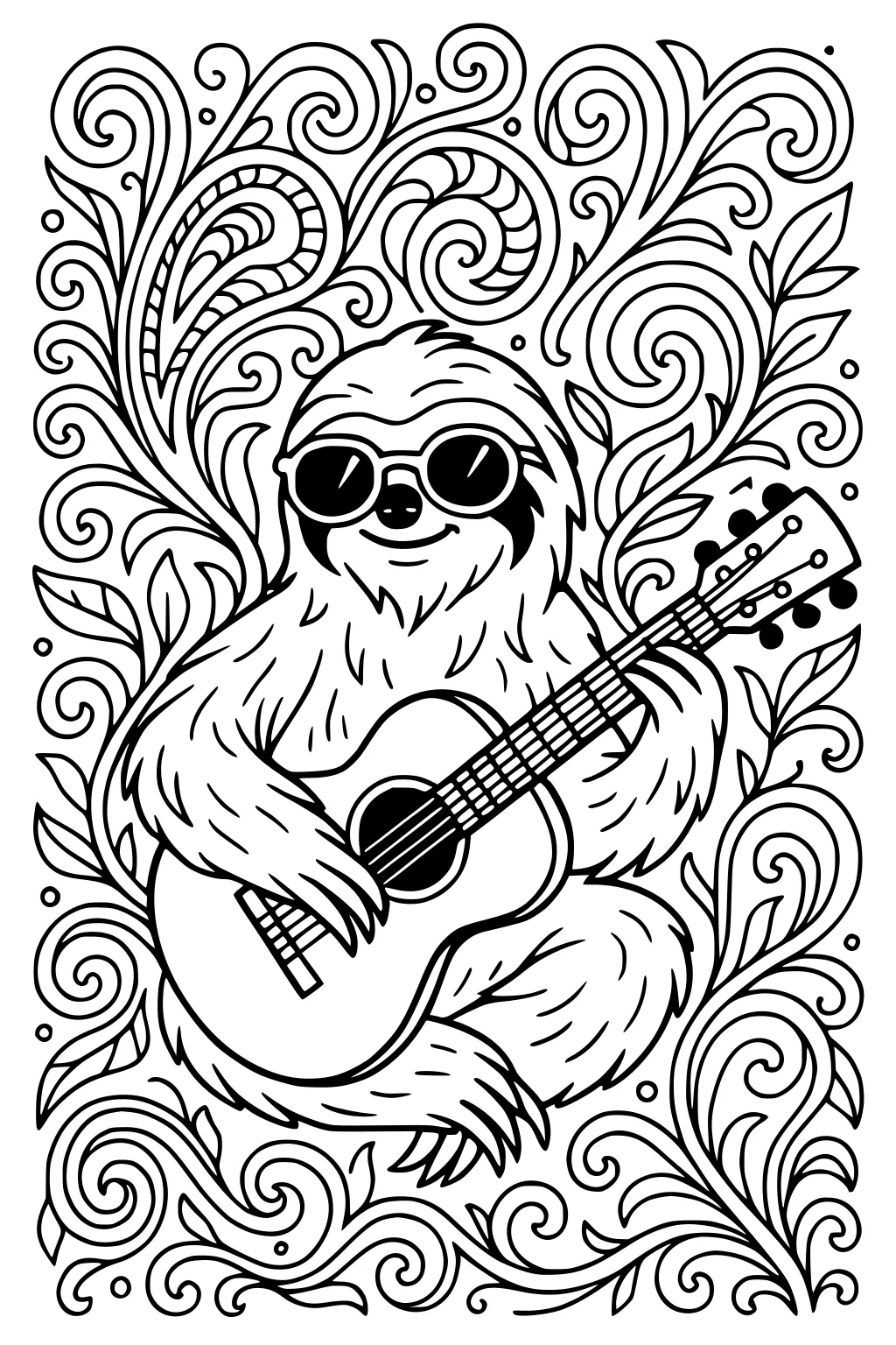 A smiling sloth with sunglasses plays a guitar, surrounded by swirling leaves and curly vine patterns.