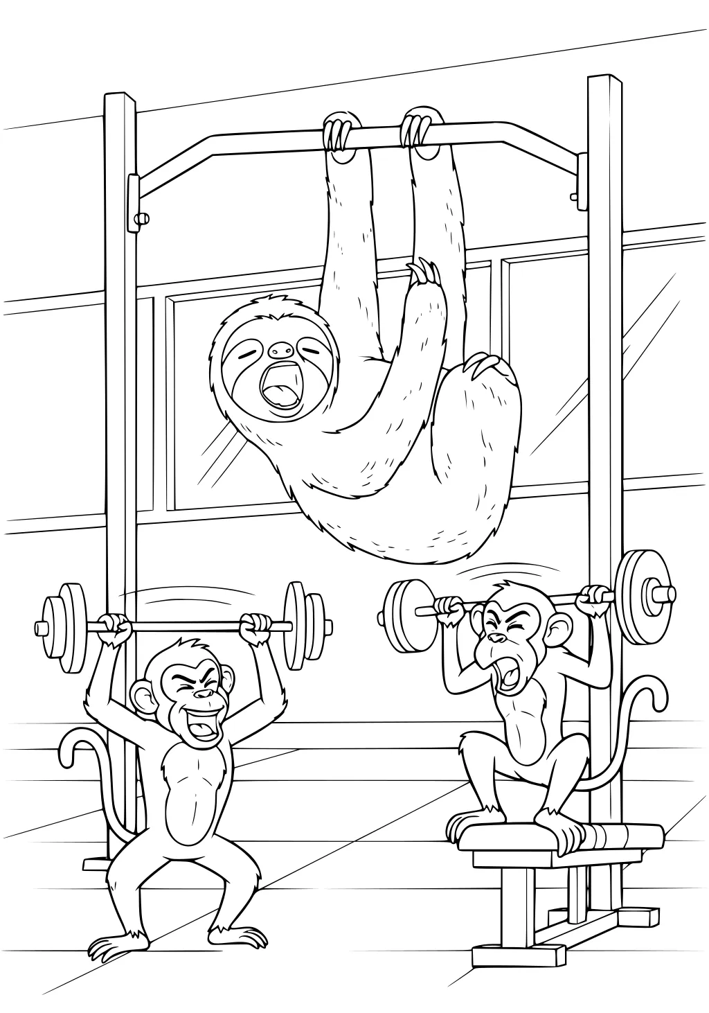A sloth hangs from a pull-up bar yawning while two monkeys lift dumbbells below in a gym.