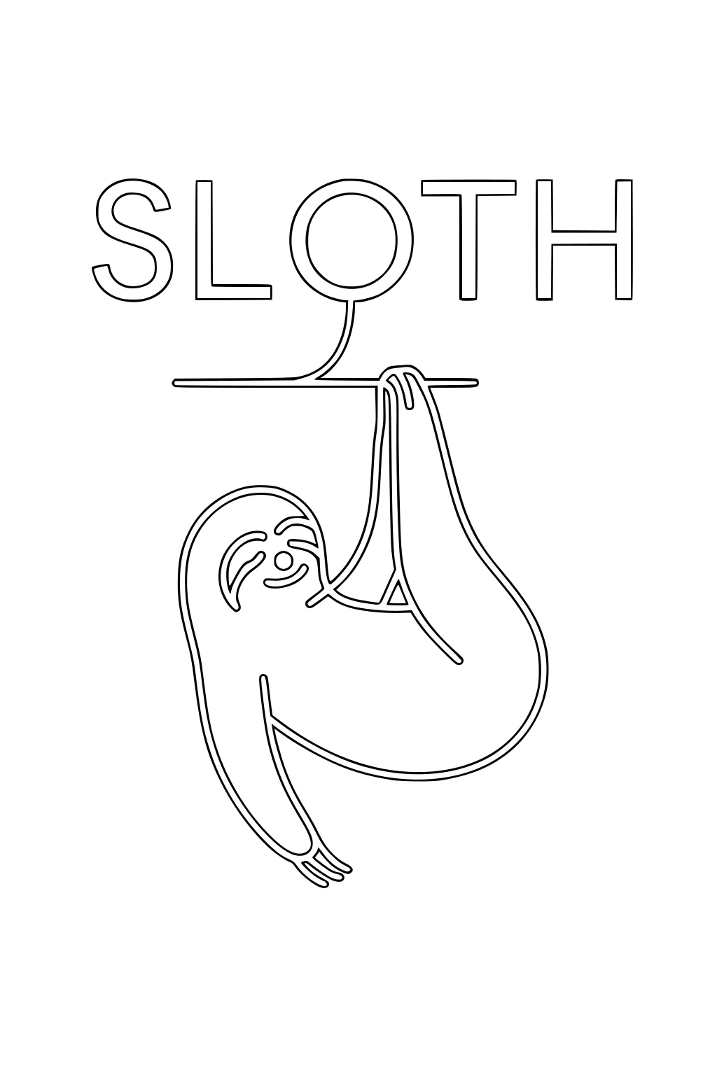 Simple outline drawing of a sloth hanging from a branch with the word SLOTH above in large block letters.