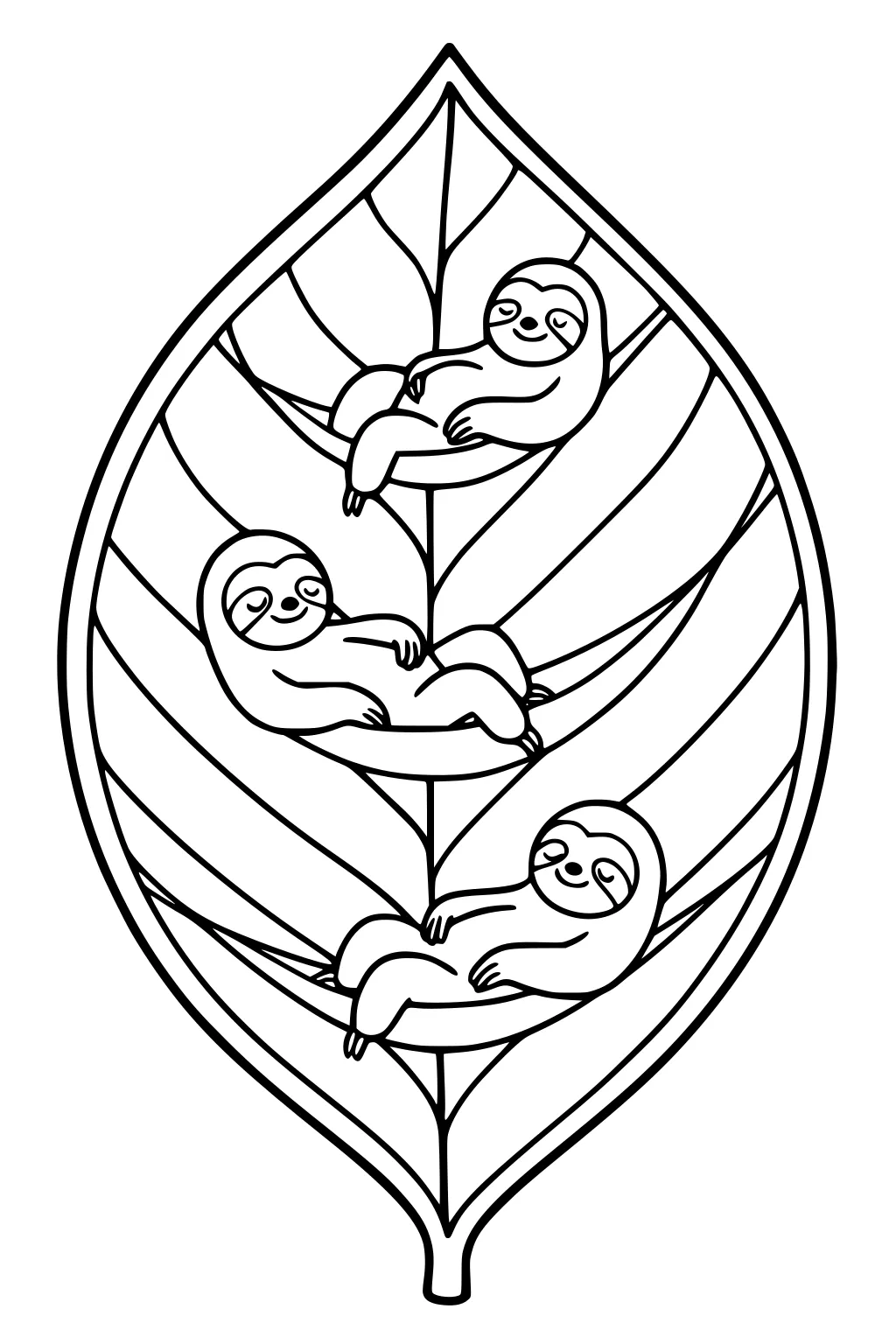 Three sloths lying on curved veins inside a large, outlined leaf. Each sloth smiles and relaxes within their own leaf section.