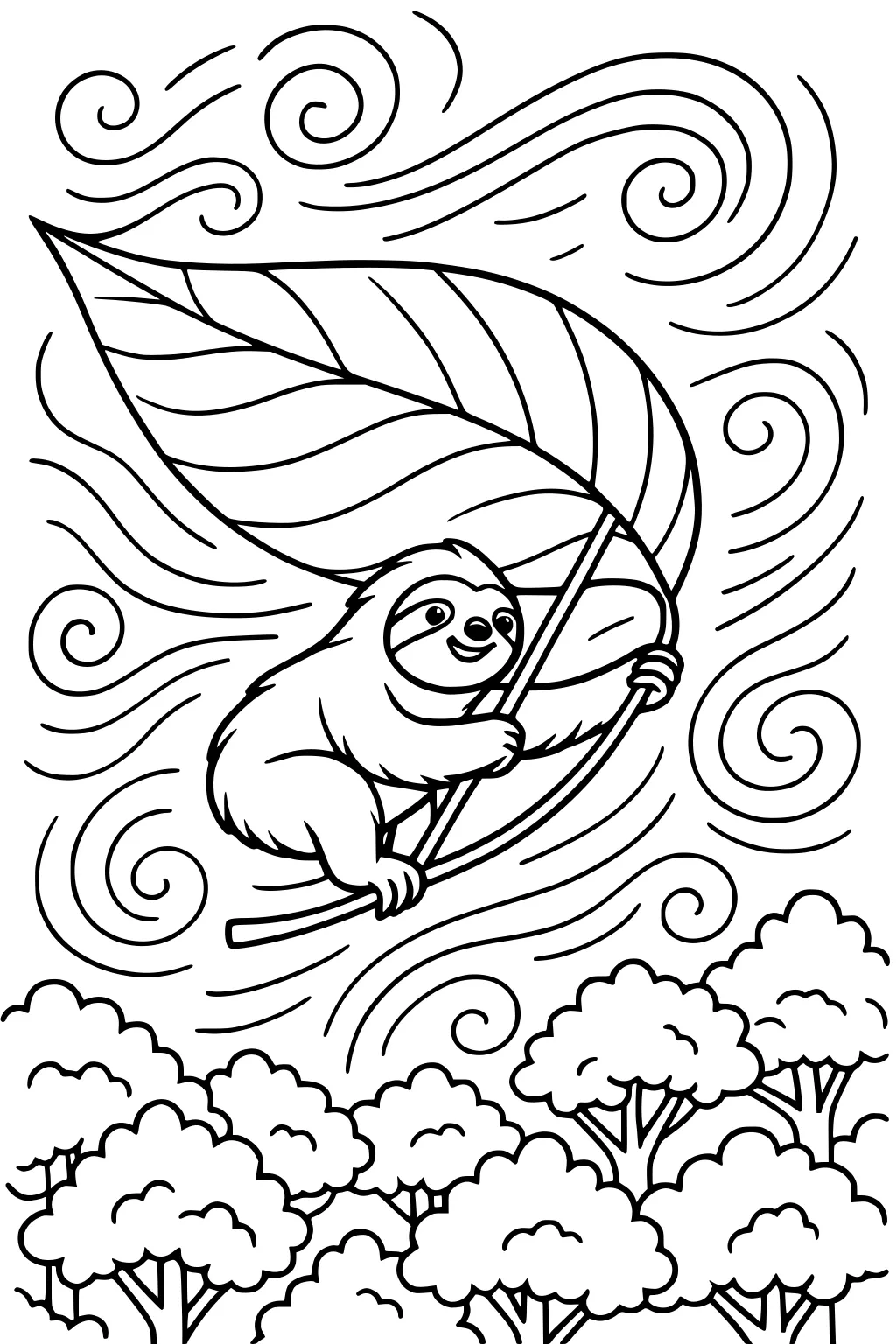 A smiling sloth rides a large leaf above puffy treetops, surrounded by swirling wind patterns in the sky.
