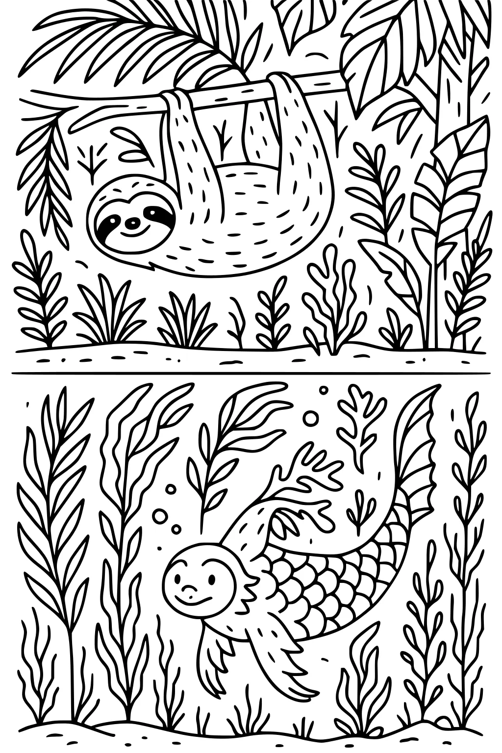 Top: sloth hanging from a jungle branch among leaves. Bottom: sloth with fish tail swimming underwater with sea plants.