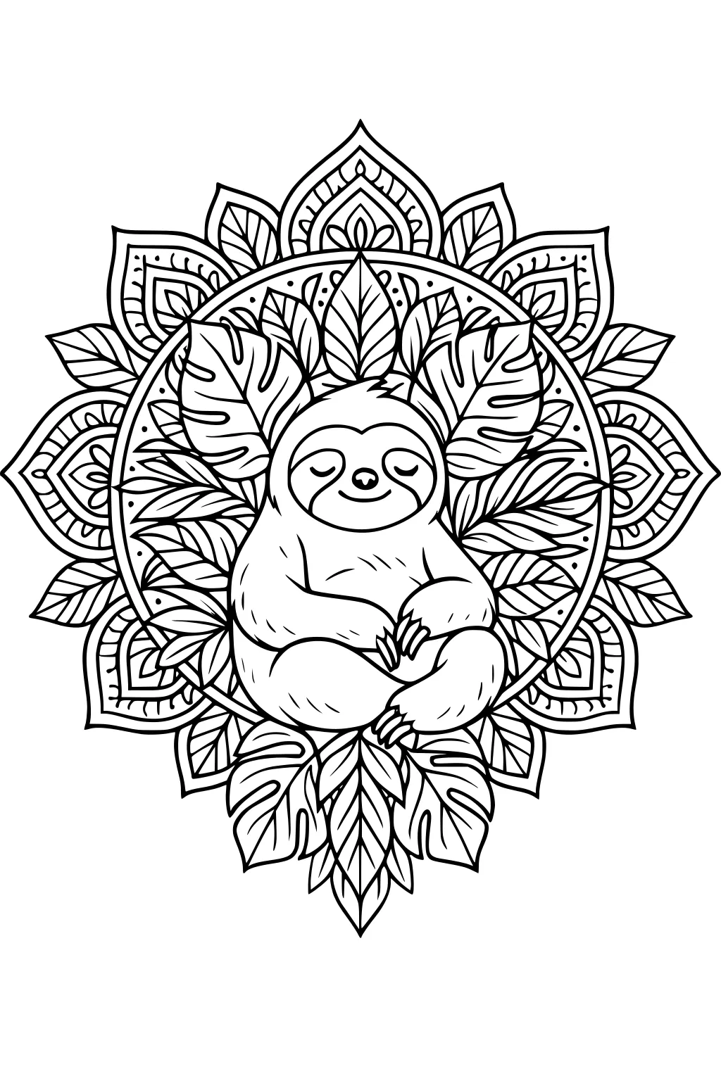 A sloth with closed eyes sits center of a leafy mandala pattern, with detailed leaves and swirling petal shapes behind it.