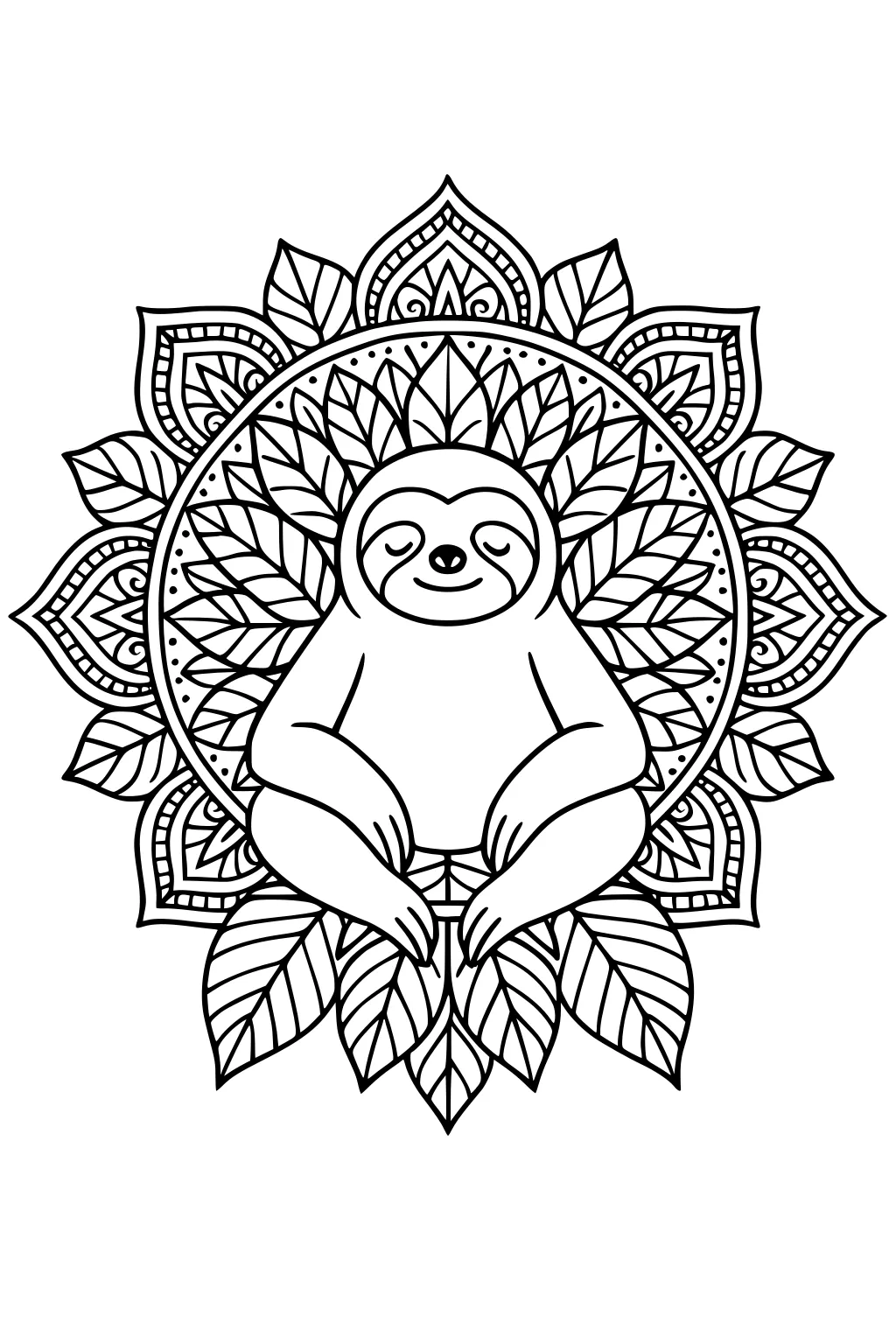 A smiling sloth with closed eyes sits on leaves, surrounded by a round floral and leaf mandala pattern.