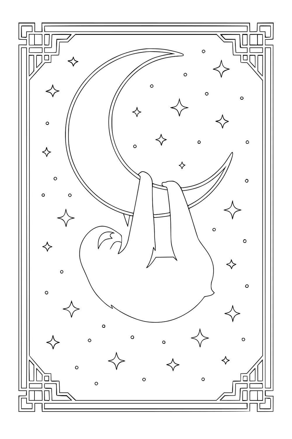 A sloth hangs from a crescent moon in the middle of stars, inside a decorative frame. The sky is filled with star shapes.