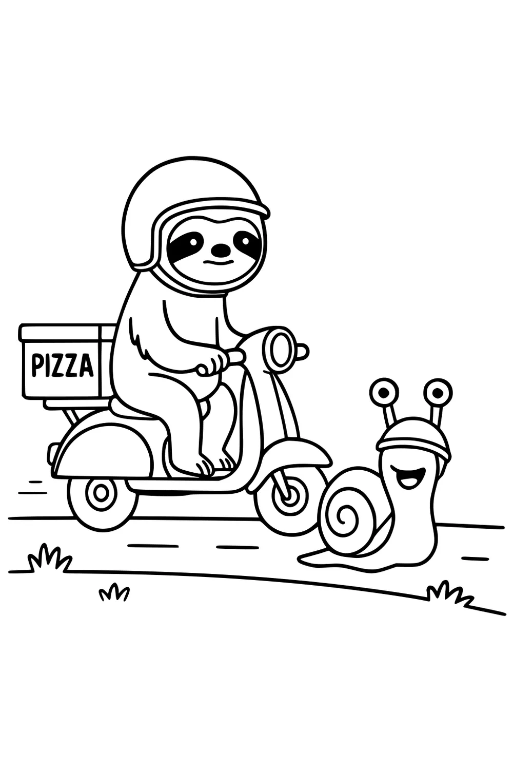 Sloth on scooter with pizza box, wearing helmet, driving on road beside smiling snail with helmet. Simple grassy background.