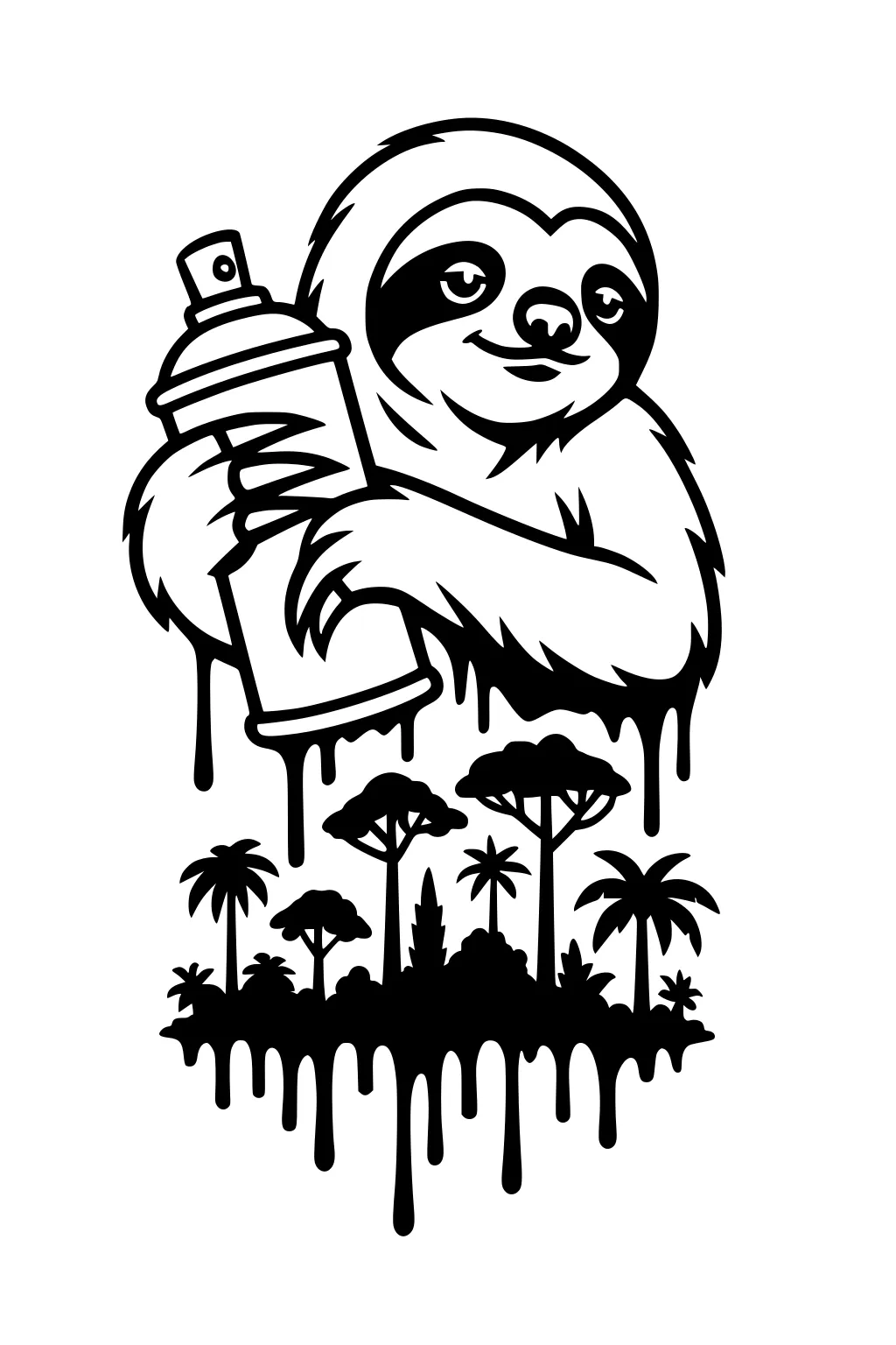Sloth holding a spray paint can with dripping paint forming jungle trees below.