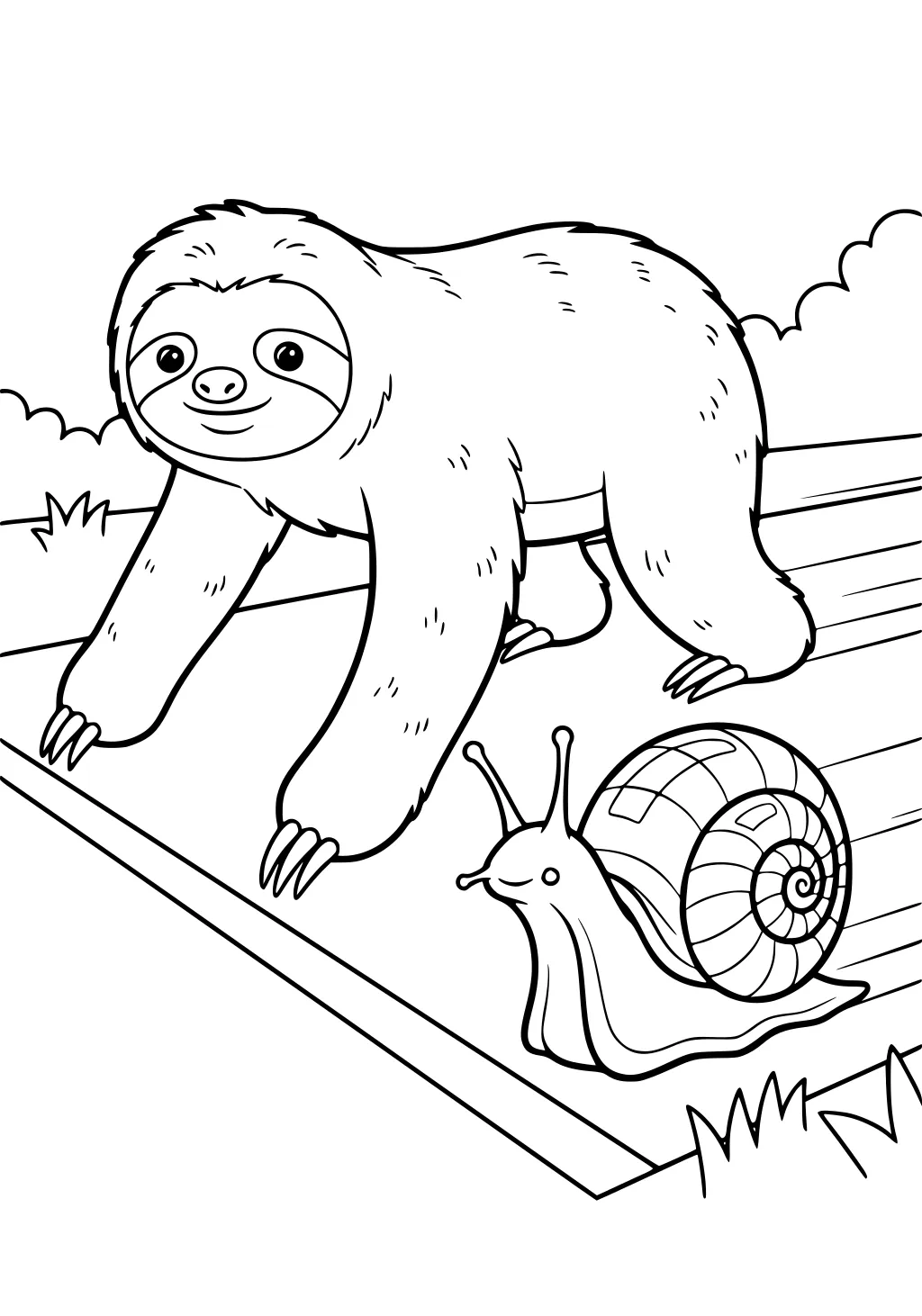 A smiling sloth walks on a path next to a happy snail with a spiral shell, in a simple park with some grass and bushes.
